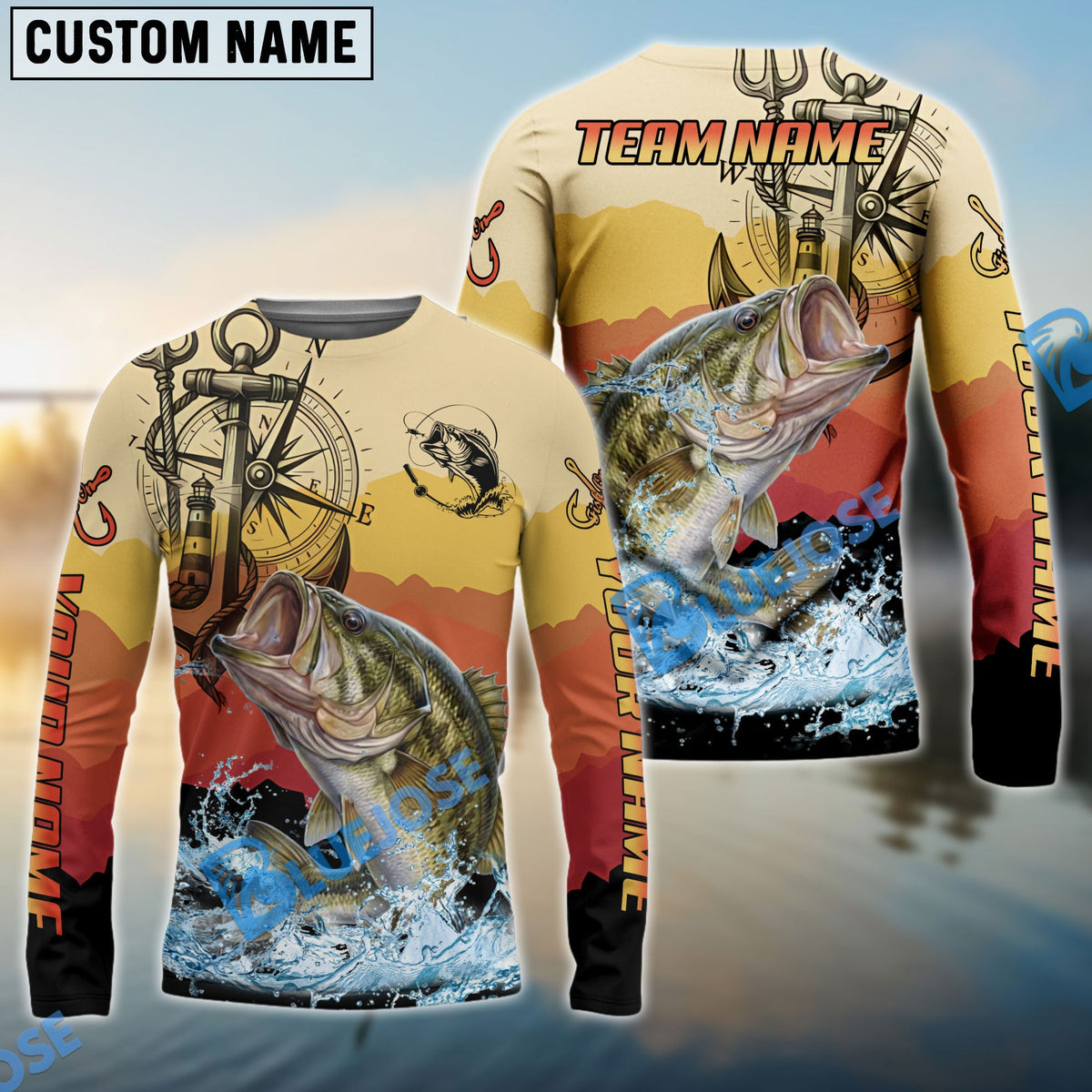 BlueJose Bass Fishing Sunset Compass Custom Name & Team Name 3D Shirts