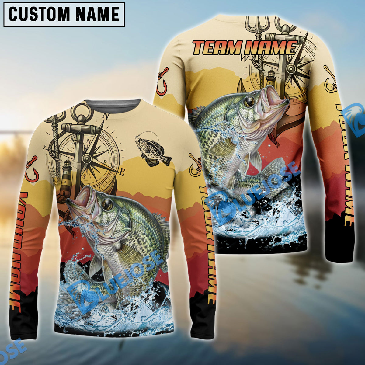 BlueJose Crappie Fishing Sunset Compass Custom Name & Team Name 3D Shirts