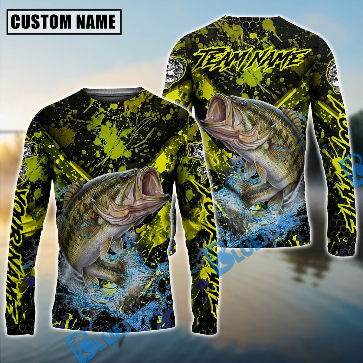 BlueJose Bass Fishing Neon Splash Custom Name & Team Name 3D Shirts