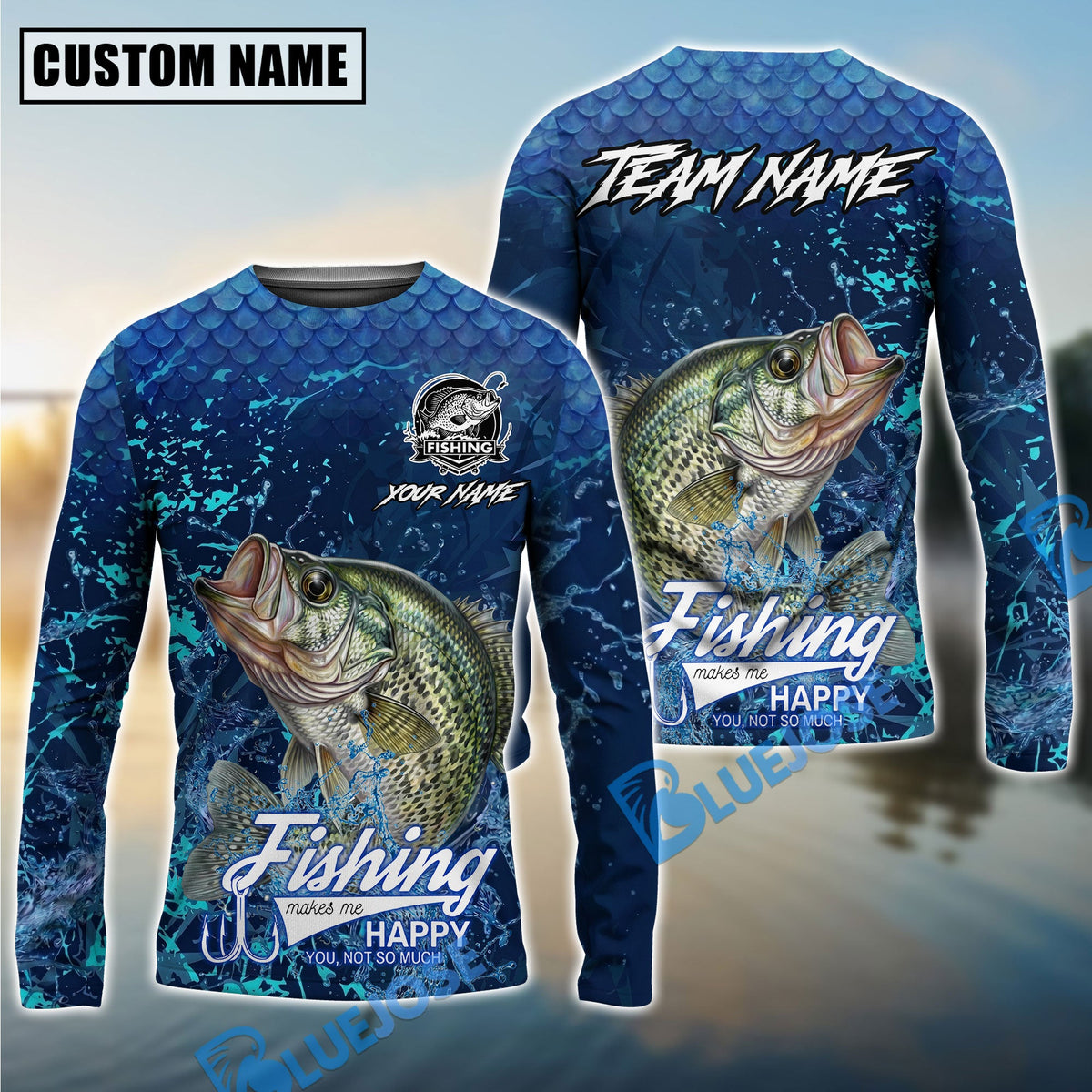 BlueJose Crappie Fishing Dark Water Splash Texture Design Custom Name & Team Name 3D Shirts