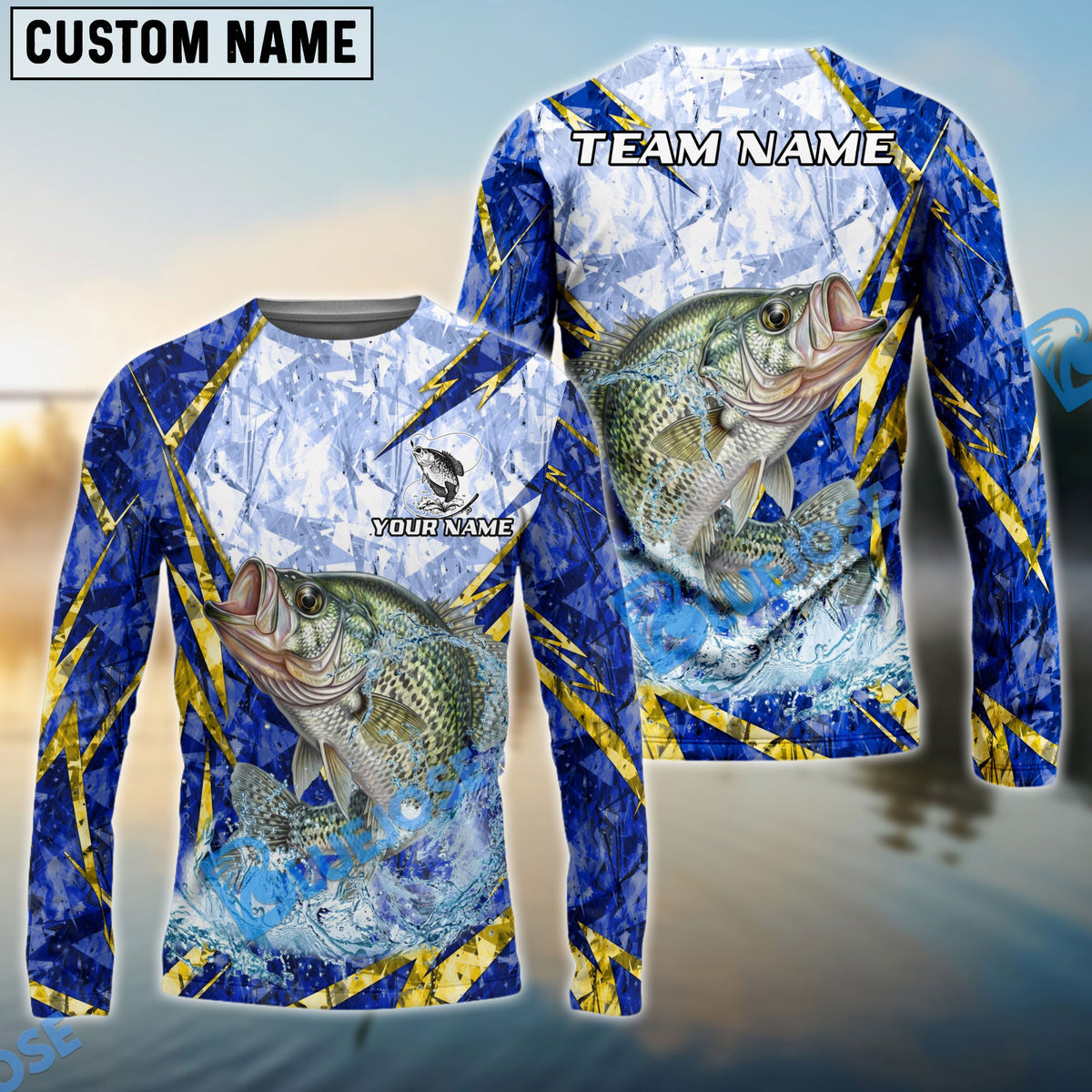 BlueJose Crappie Fishing Lightning Splash Blue Pattern Custom Name & Team Name 3D Shirts