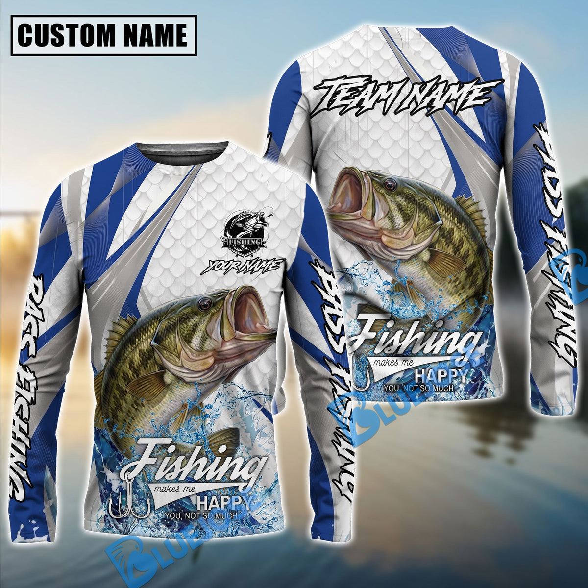 BlueJose Bass Fishing White Scale Pattern Custom Name & Team Name 3D Shirts