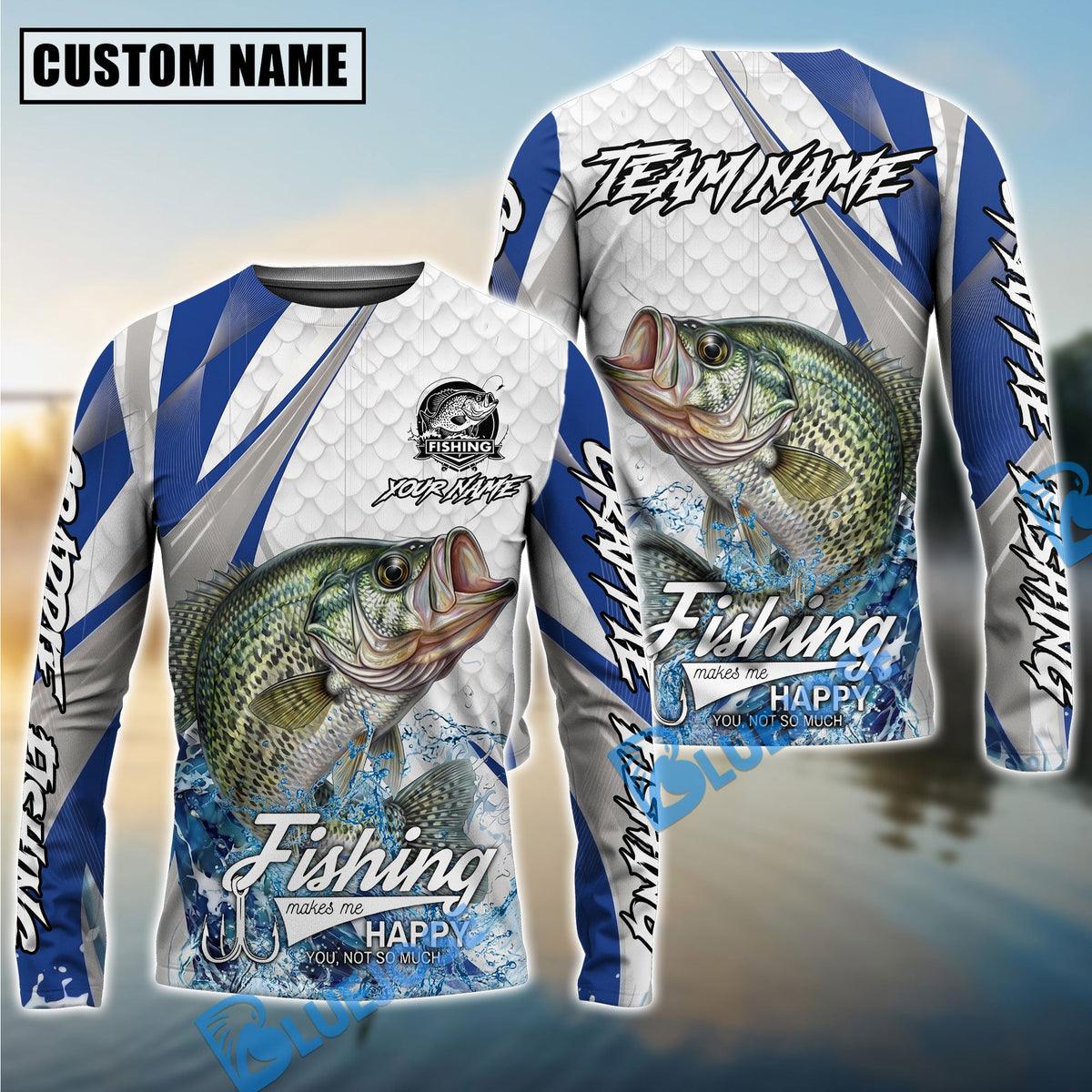 BlueJose Crappie Fishing White Scale Pattern Custom Name & Team Name 3D Shirts