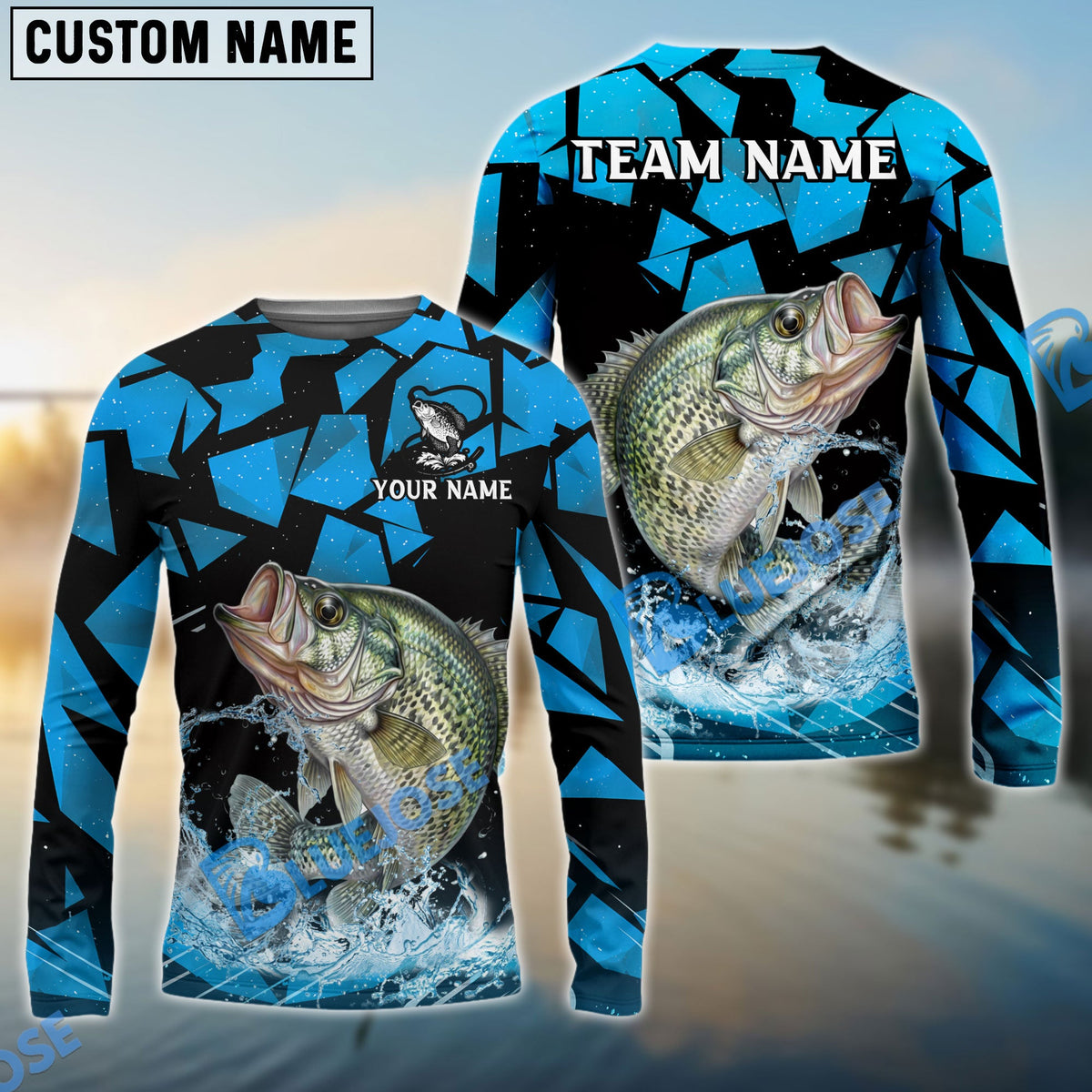 BlueJose Crappie Fishing Geometric Camouflage Splash Art Custom Name & Team Name 3D Shirts