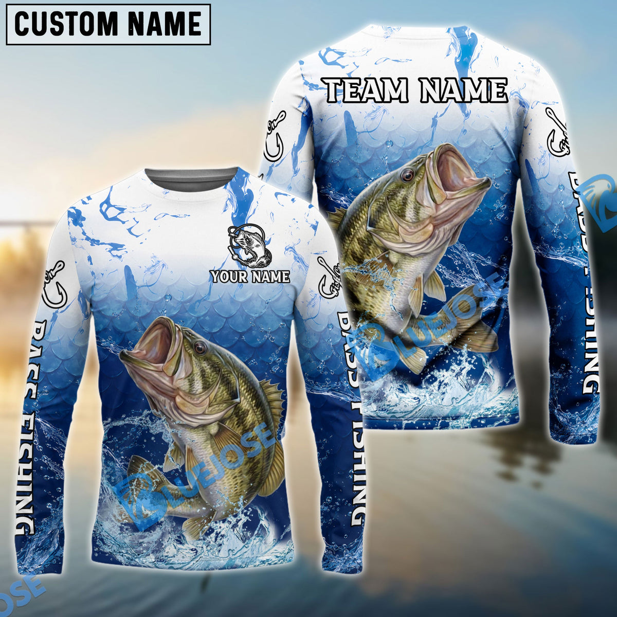 BlueJose Bass Fishing Ocean Scale Gradient Splash Design Custom Name & Team Name 3D Shirts