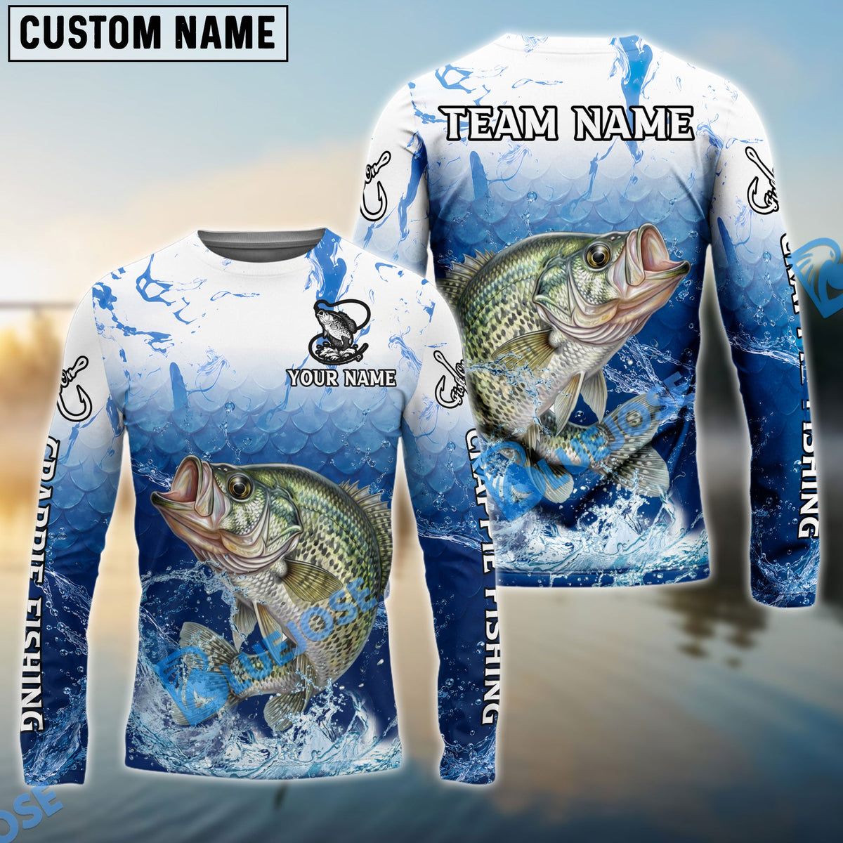 BlueJose Crappie Fishing Ocean Scale Gradient Splash Design Custom Name & Team Name 3D Shirts