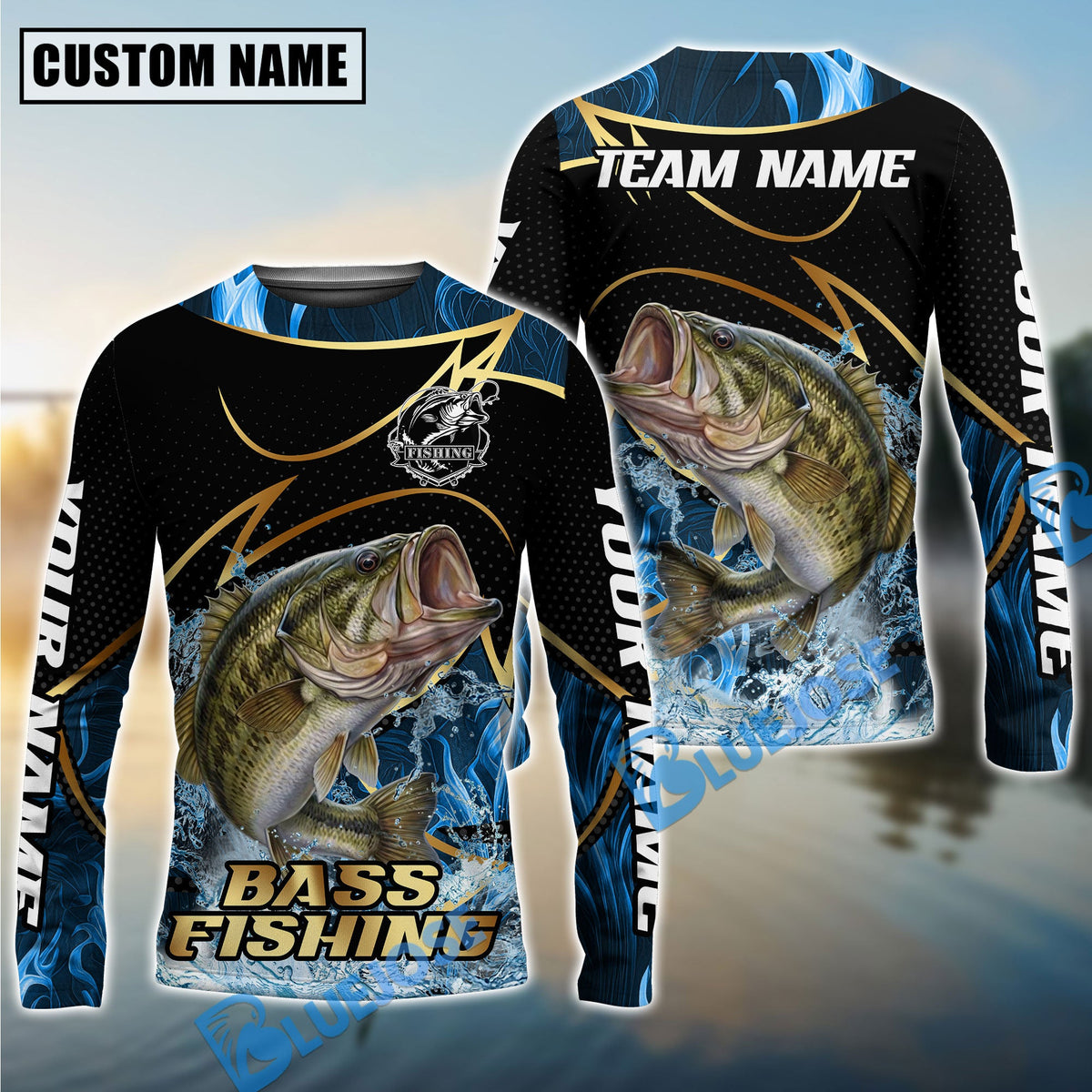 BlueJose Bass Fishing Water Splash Navy Gold Pattern Custom Name & Team Name 3D Shirts