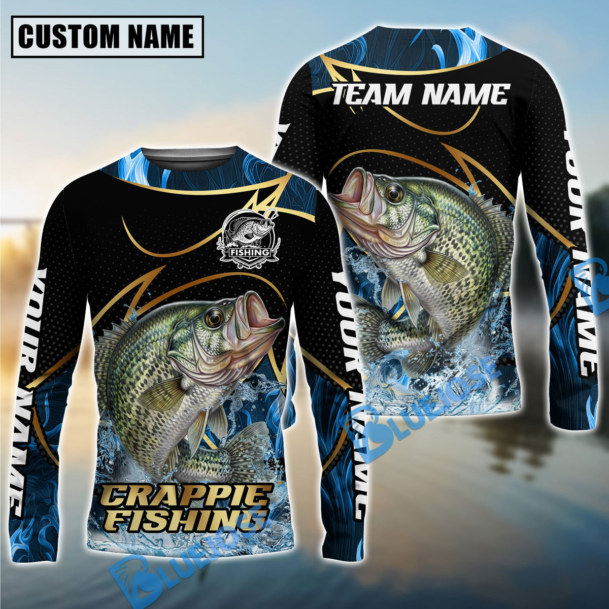 BlueJose Crappie Fishing Water Splash Navy Gold Pattern Custom Name & Team Name 3D Shirts