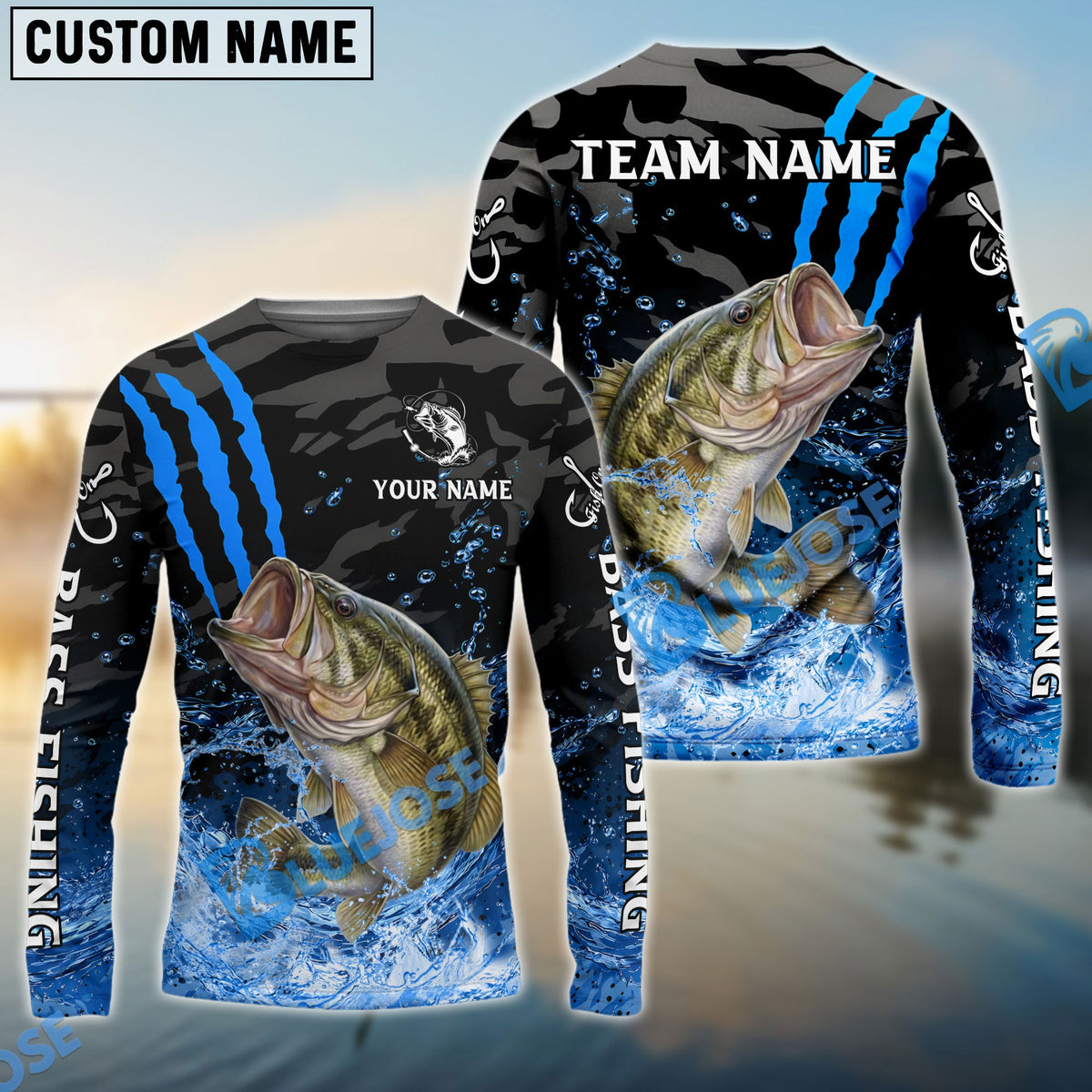 BlueJose Bass Fishing Blue Scratch Camo Water Splash Custom Name & Team Name 3D Shirts