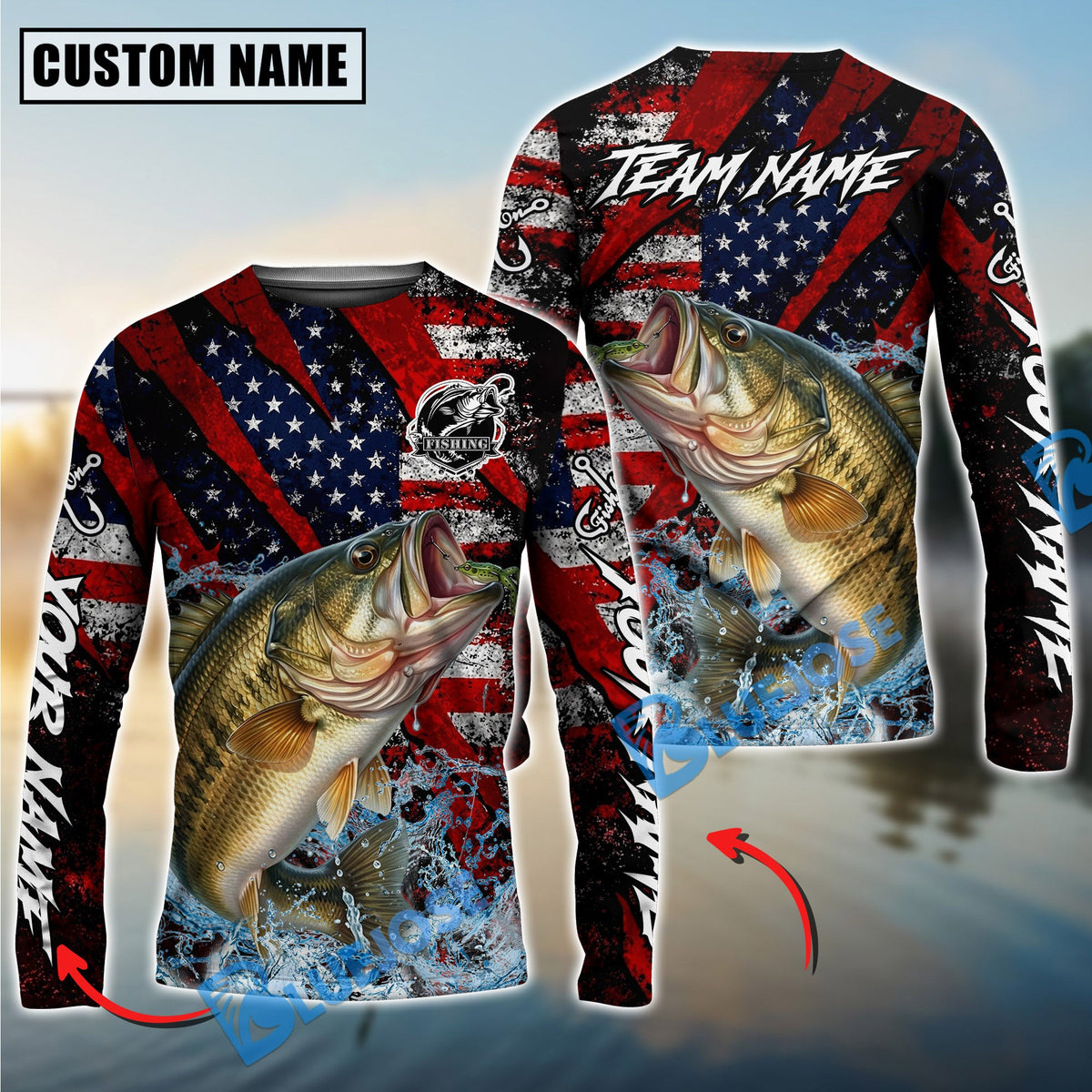 BlueJose Bass Fishing American Flag Grunge Red Scratch Custom Name & Team Name 3D Shirts