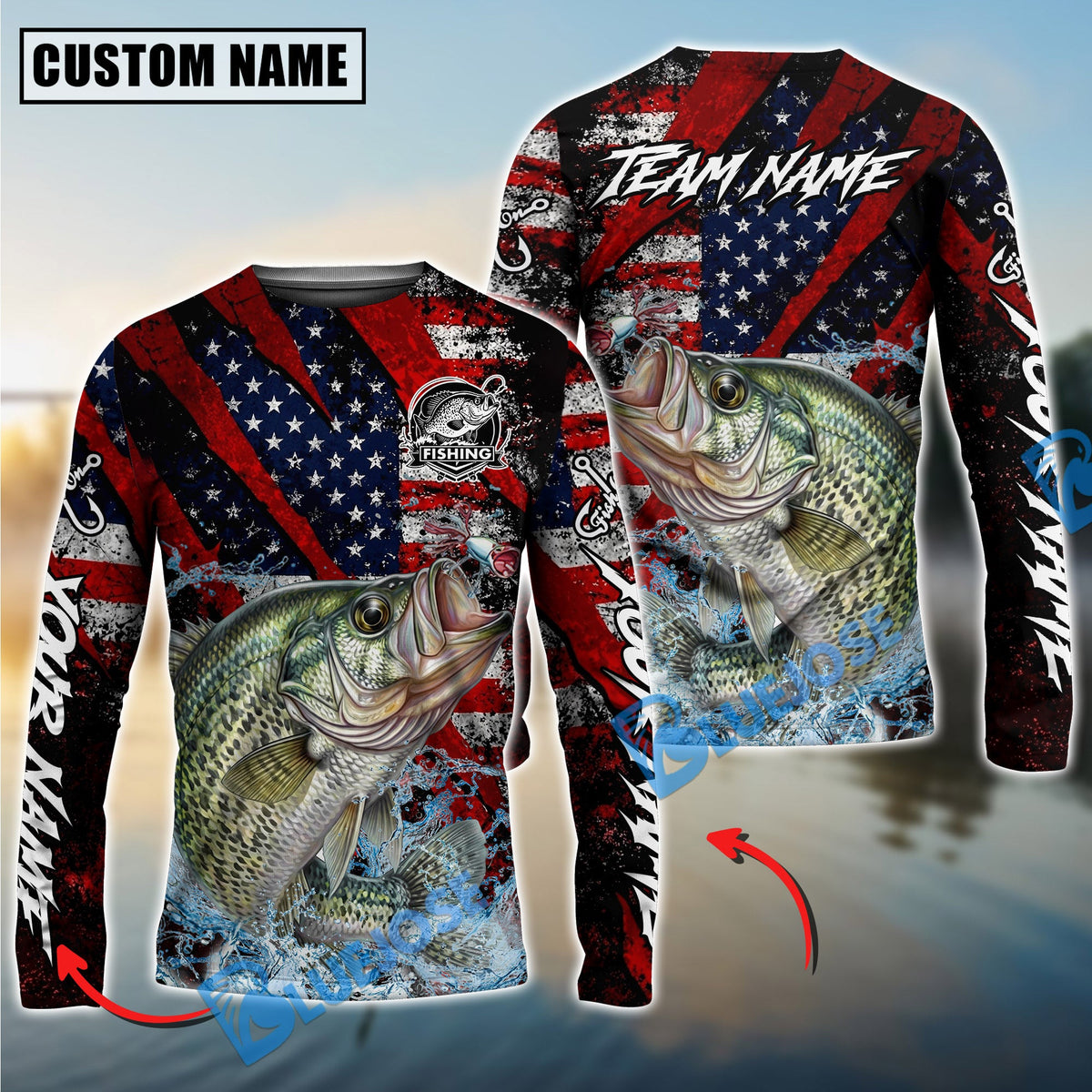 BlueJose Crappie Fishing American Flag Grunge Red Scratch Custom Name & Team Name 3D Shirts