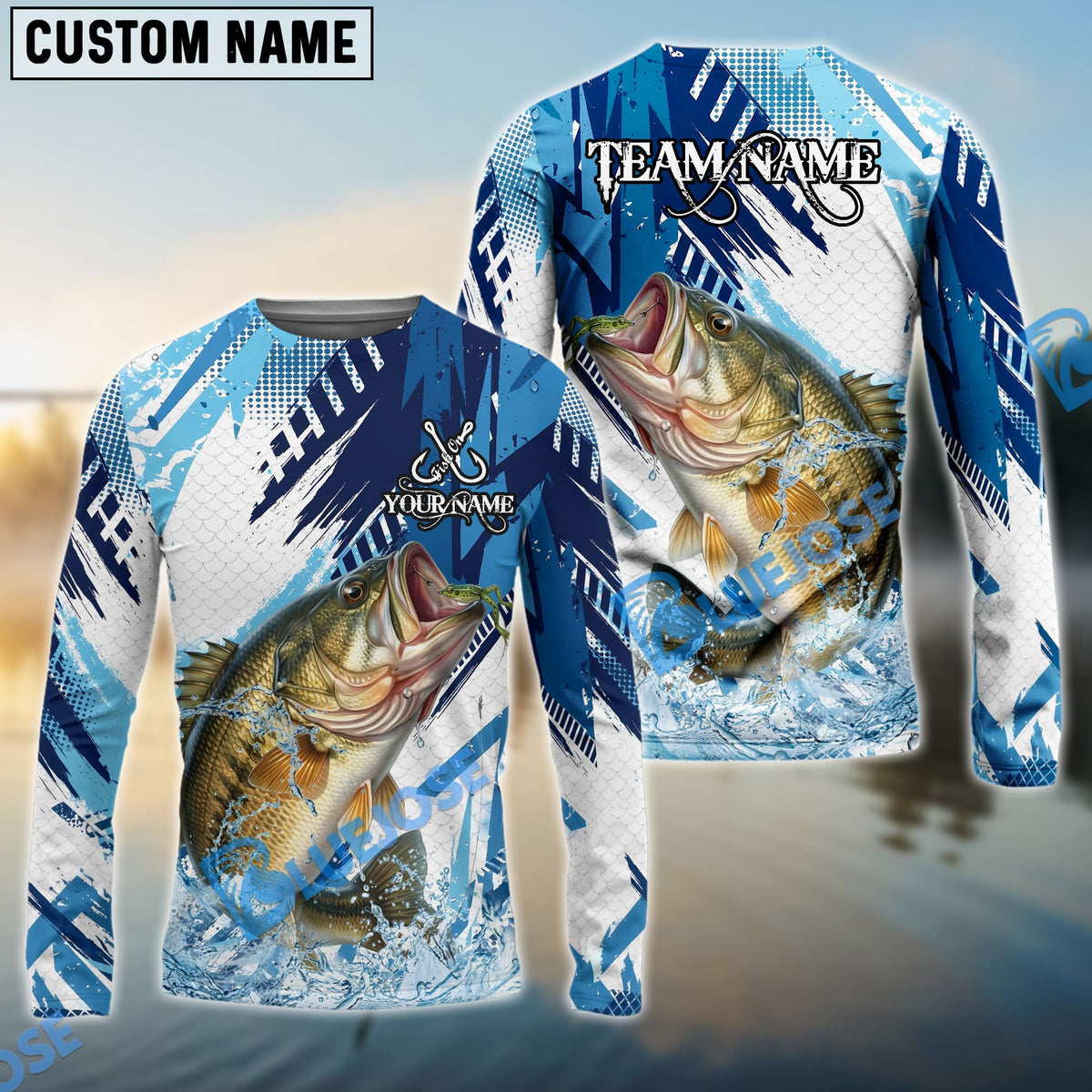 BlueJose Bass Fishing Blue Water Splash Scale Pattern Custom Name & Team Name 3D Shirts