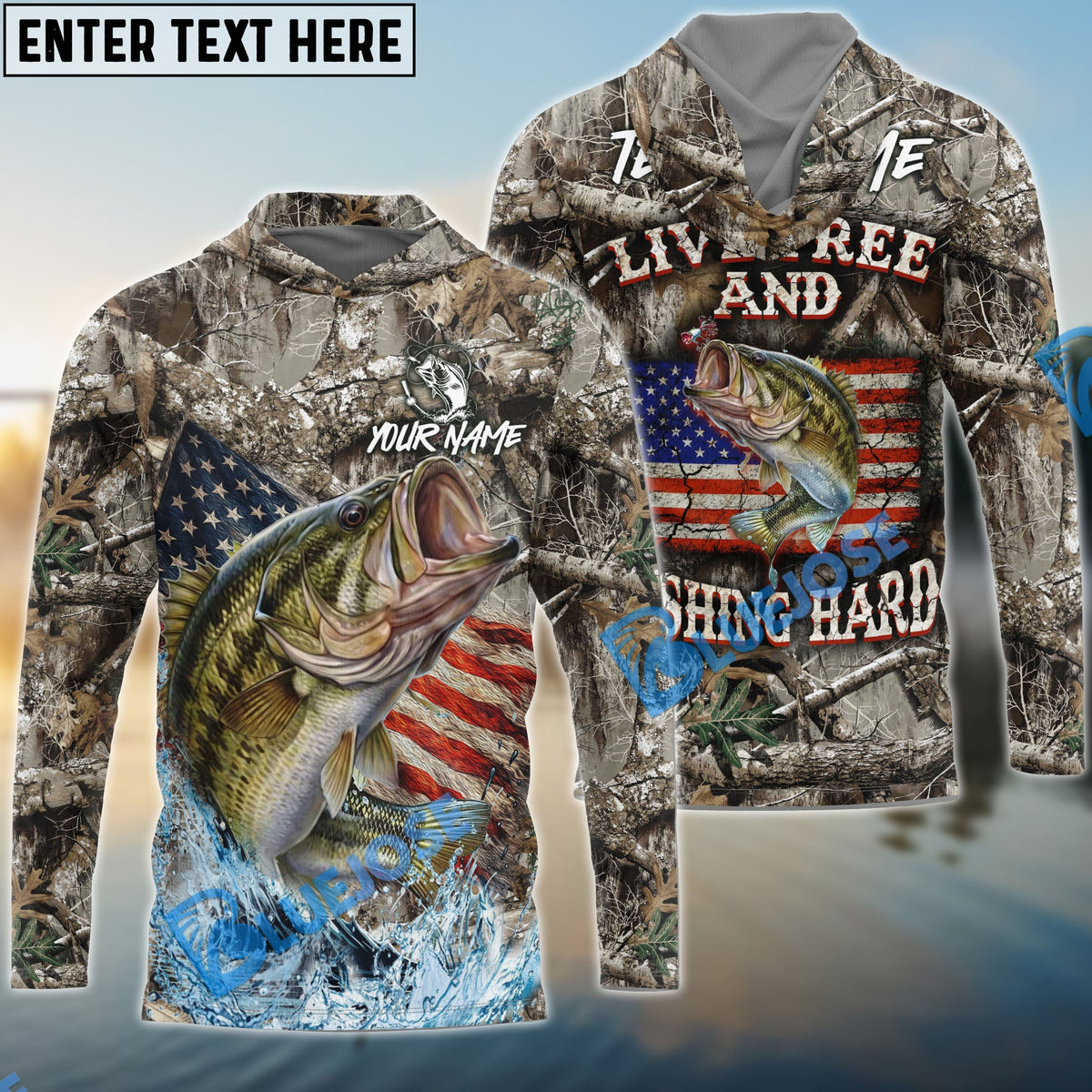 BlueJose Bass Fishing Patriotic Camo Live Free Custom Name & Team Name 3D Shirts