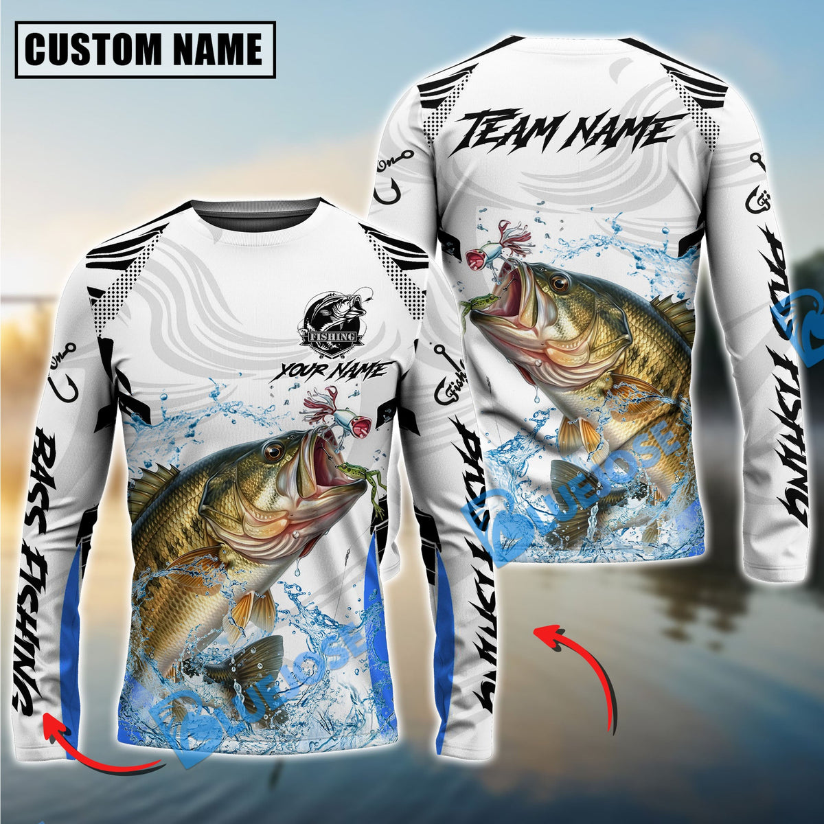 BlueJose Bass Fishing White Black Curve Pattern Design Custom Name & Team Name 3D Shirts