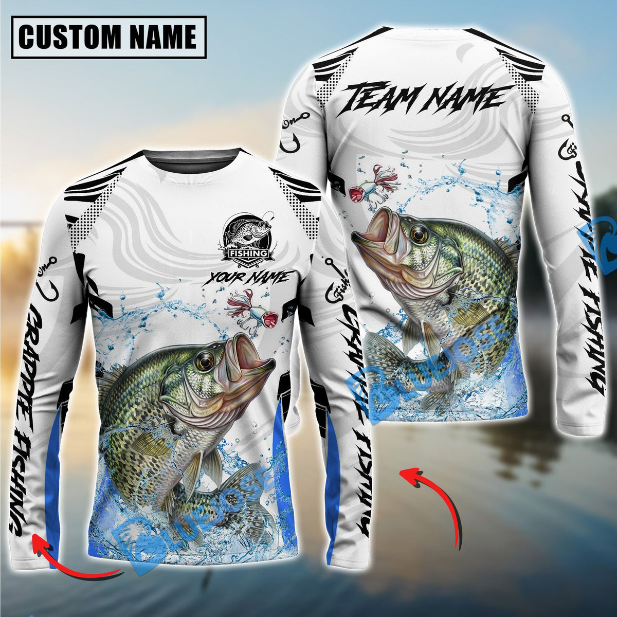 BlueJose Crappie Fishing White Black Curve Pattern Design Custom Name & Team Name 3D Shirts