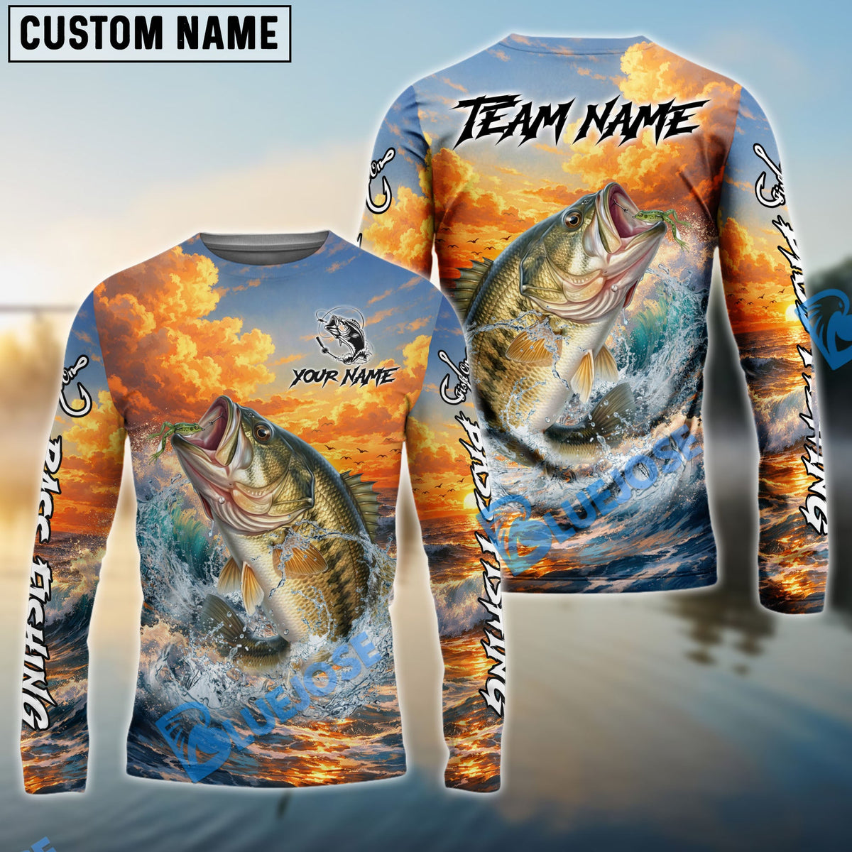 BlueJose Bass Fishing Ocean Sunset Wave Custom Name & Team Name 3D Shirts