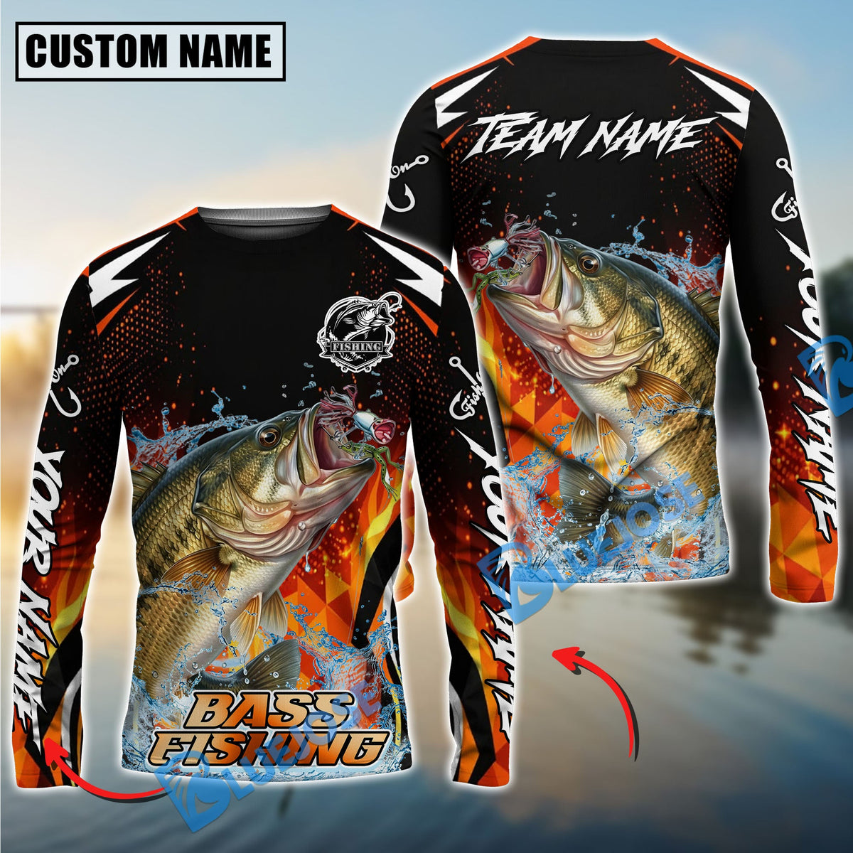 BlueJose Bass Fishing Fire Touch Custom Name & Team Name 3D Shirts