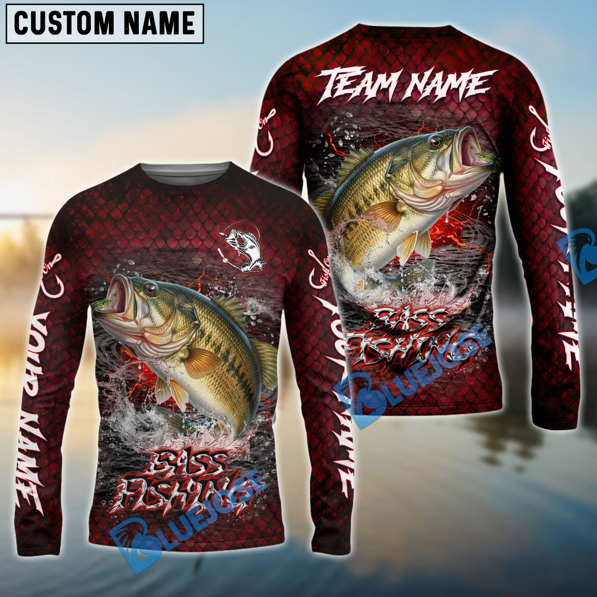 BlueJose Bass Fishing Red Dragon Scale Lightning Custom Name & Team Name 3D Shirts