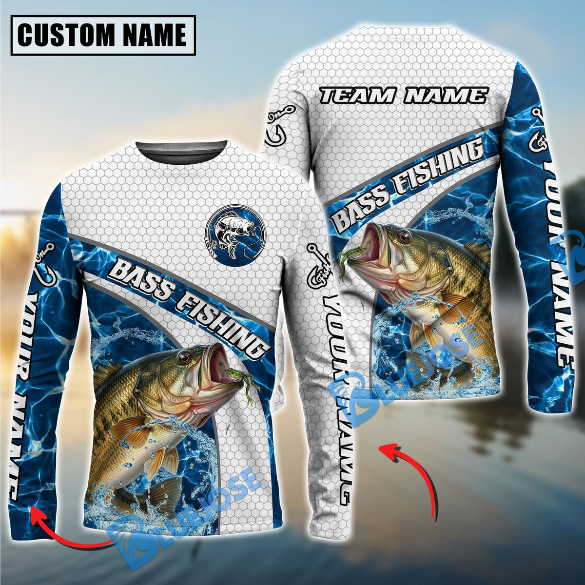 BlueJose Bass Fishing Honeycomb Electric Water Splash Custom Name & Team Name 3D Shirts