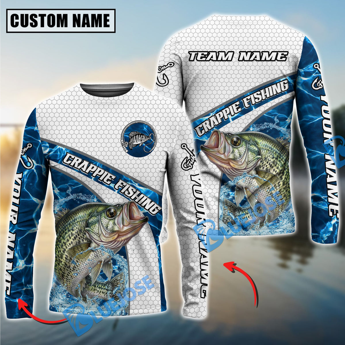 BlueJose Crappie Fishing Honeycomb Electric Water Splash Custom Name & Team Name 3D Shirts