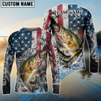 BlueJose Bass Fishing American Flag Vintage Splash Art Custom Name & Team Name 3D Shirts