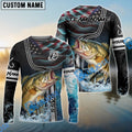 BlueJose Bass Jumping Fish American Flag Wave Splash Custom Name & Team Name 3D Shirts