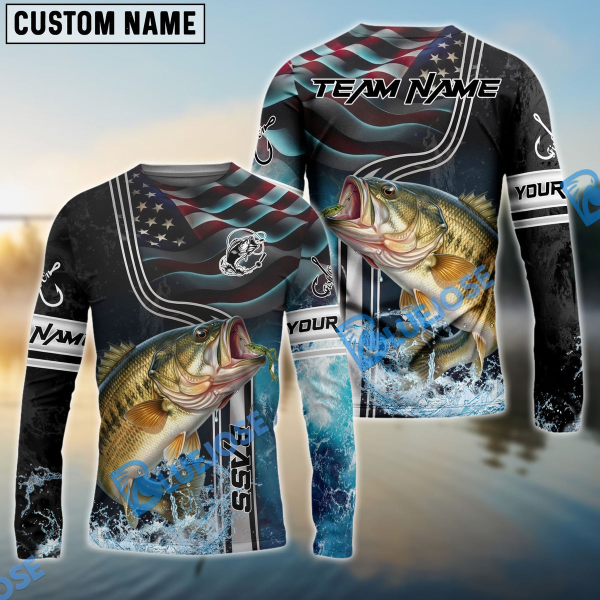BlueJose Bass Jumping Fish American Flag Wave Splash Custom Name & Team Name 3D Shirts