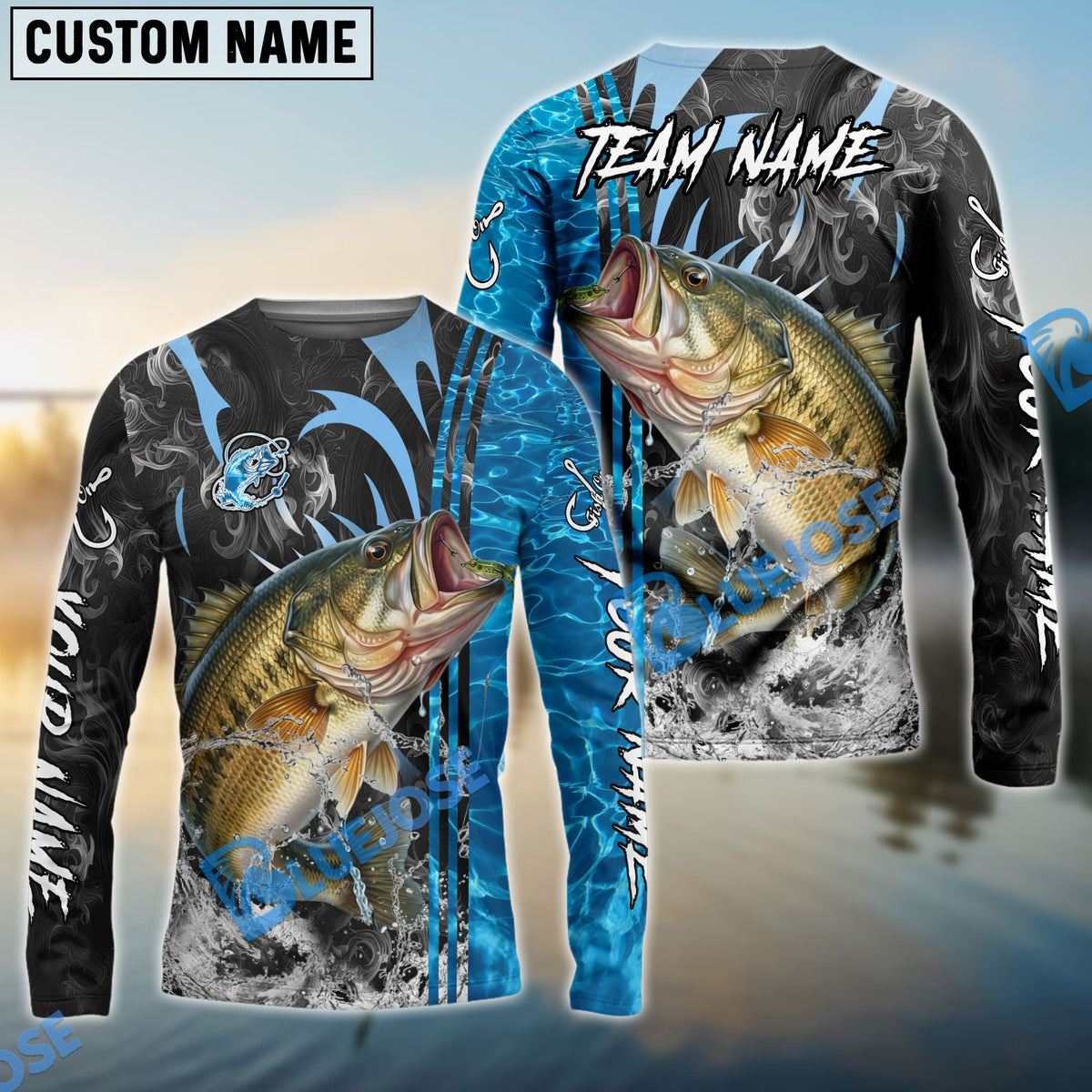 BlueJose Bass Fishing Sparkling Water Smoke Pattern Design Custom Name & Team Name 3D Shirts