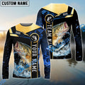 BlueJose Bass Fishing Golden With Blue Flame Pattern Custom Name & Team Name 3D Shirts