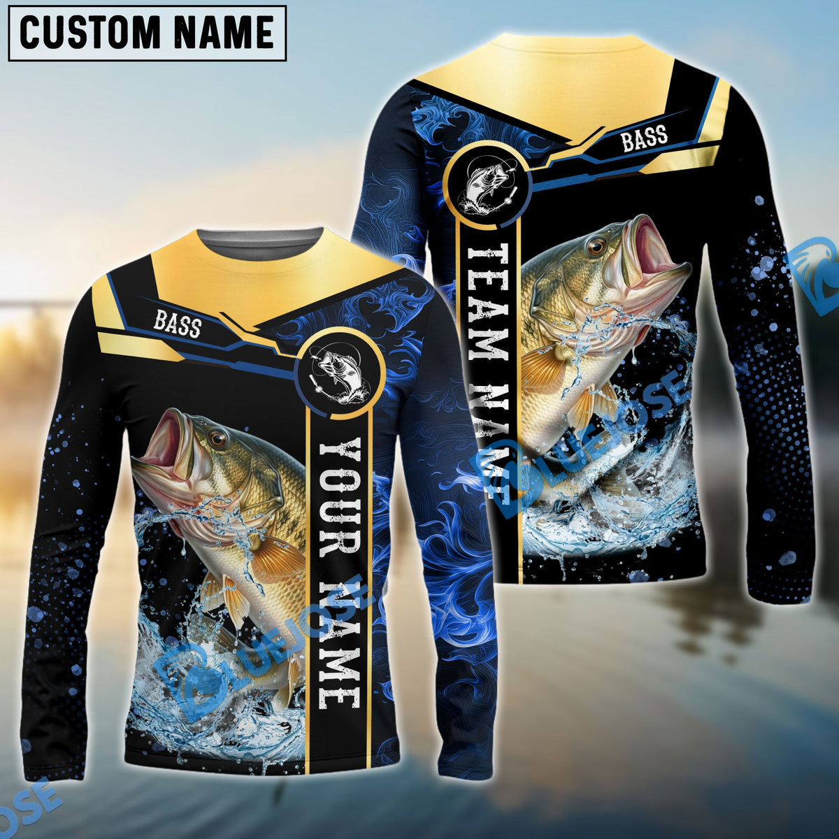 BlueJose Bass Fishing Golden With Blue Flame Pattern Custom Name & Team Name 3D Shirts