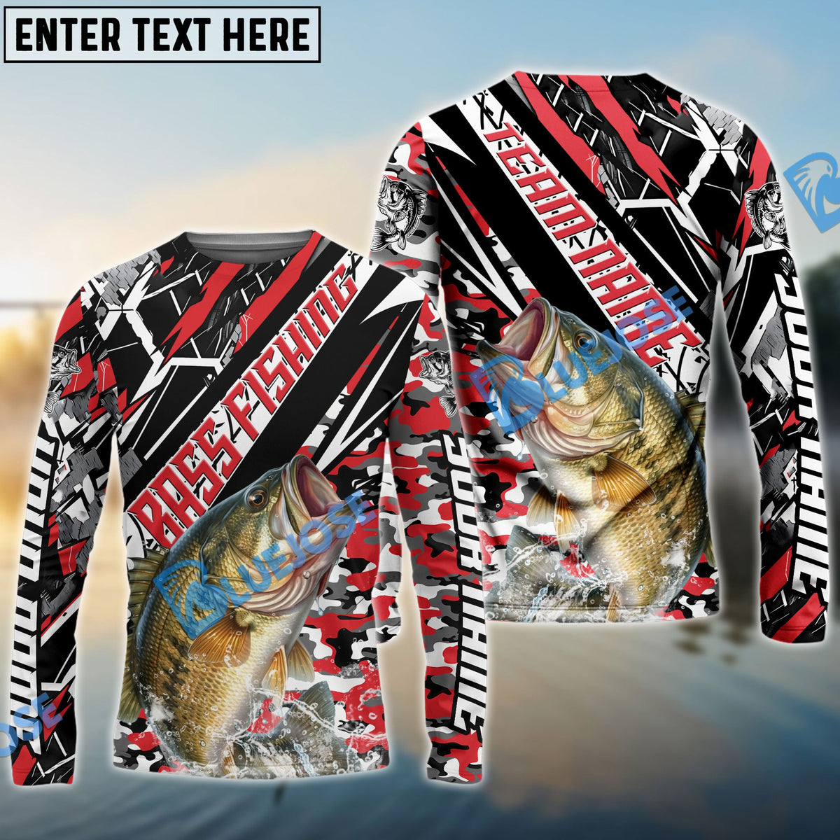 BlueJose Bass Fishing Red Grunge Camo Custom Name & Team Name 3D Shirts
