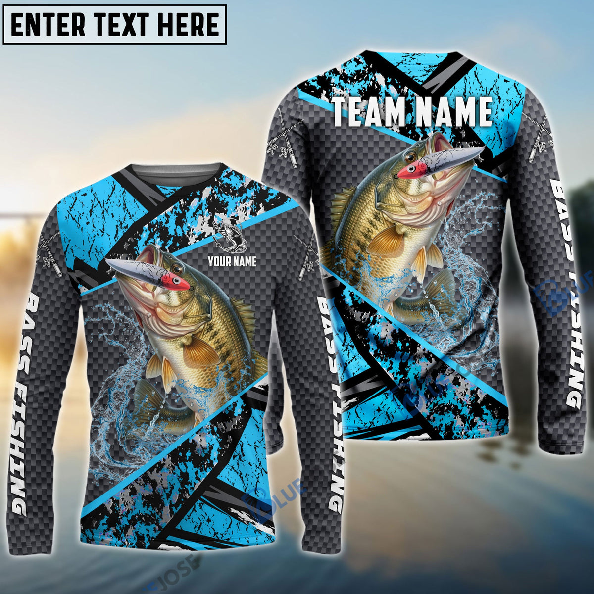 BlueJose Bass Fishing Blue Camo 2 Sport Custom Name & Team Name 3D Shirts