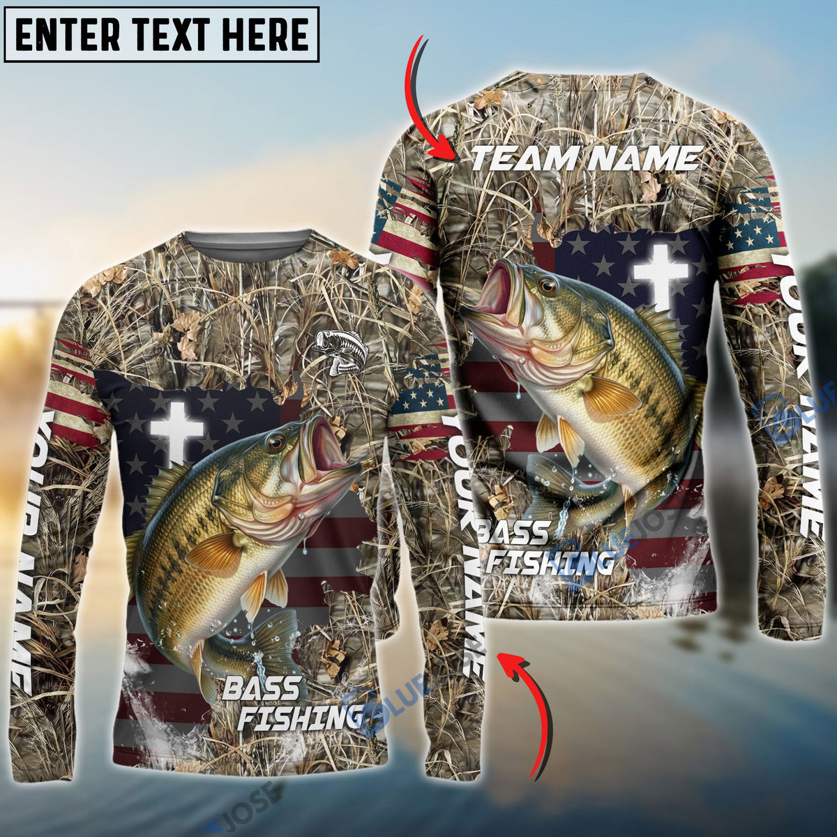 BlueJose Bass Fishing Cross Camo Custom Name & Team Name 3D Shirts
