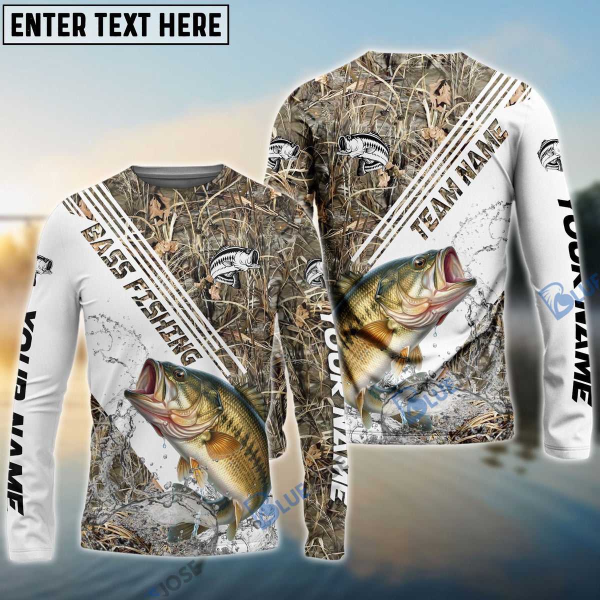 BlueJose Bass Fishing White And Grass Camo Sport Custom Name & Team Name 3D Shirts
