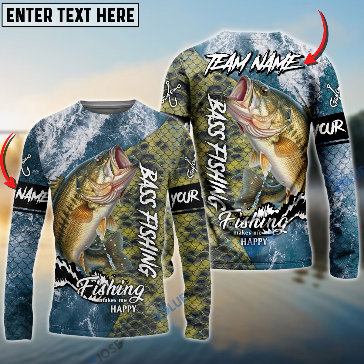BlueJose Bass Fishing Skin Seawave Custom Name & Team Name 3D Shirts