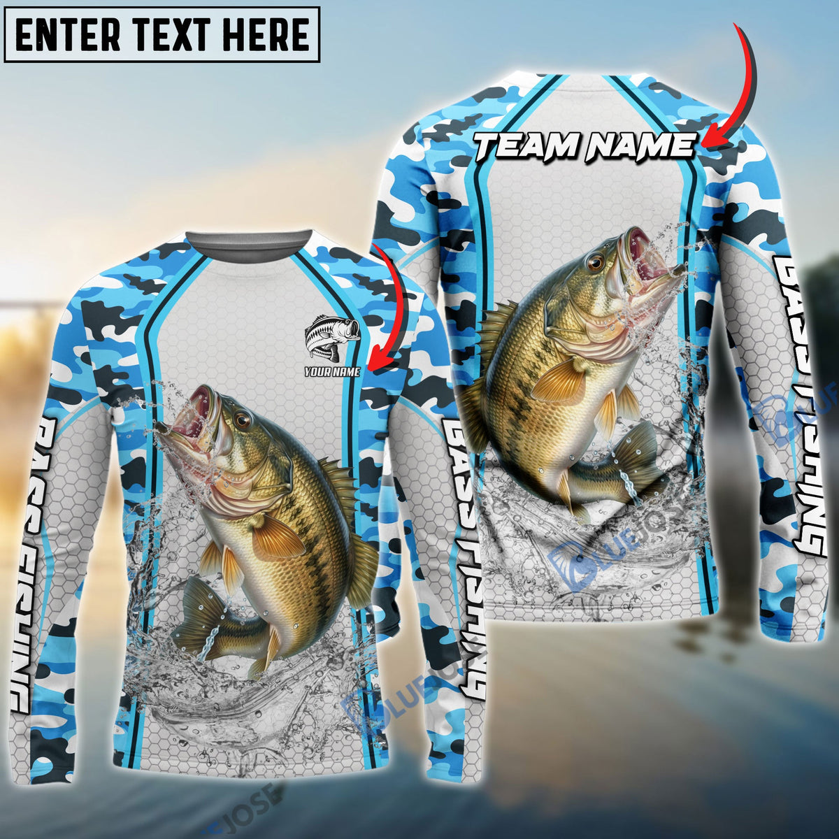 BlueJose Bass Fishing Light Blue Camo Sport Custom Name & Team Name 3D Shirts