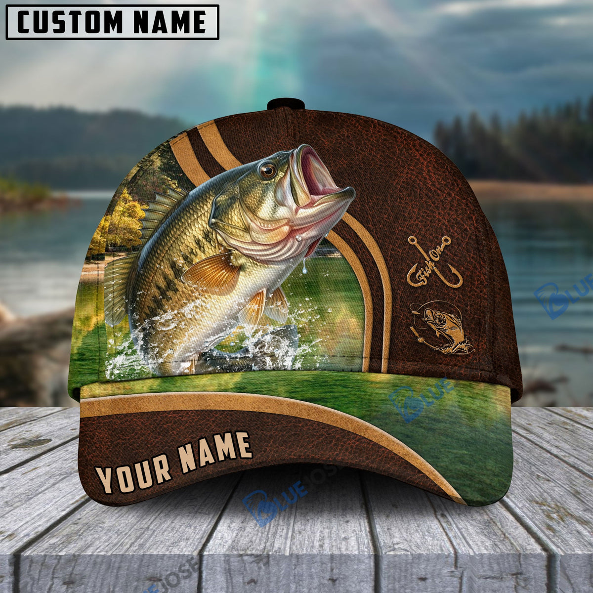 BlueJose Personalized Bass Fishing Heavy Brown Leather Pattern Classic Cap