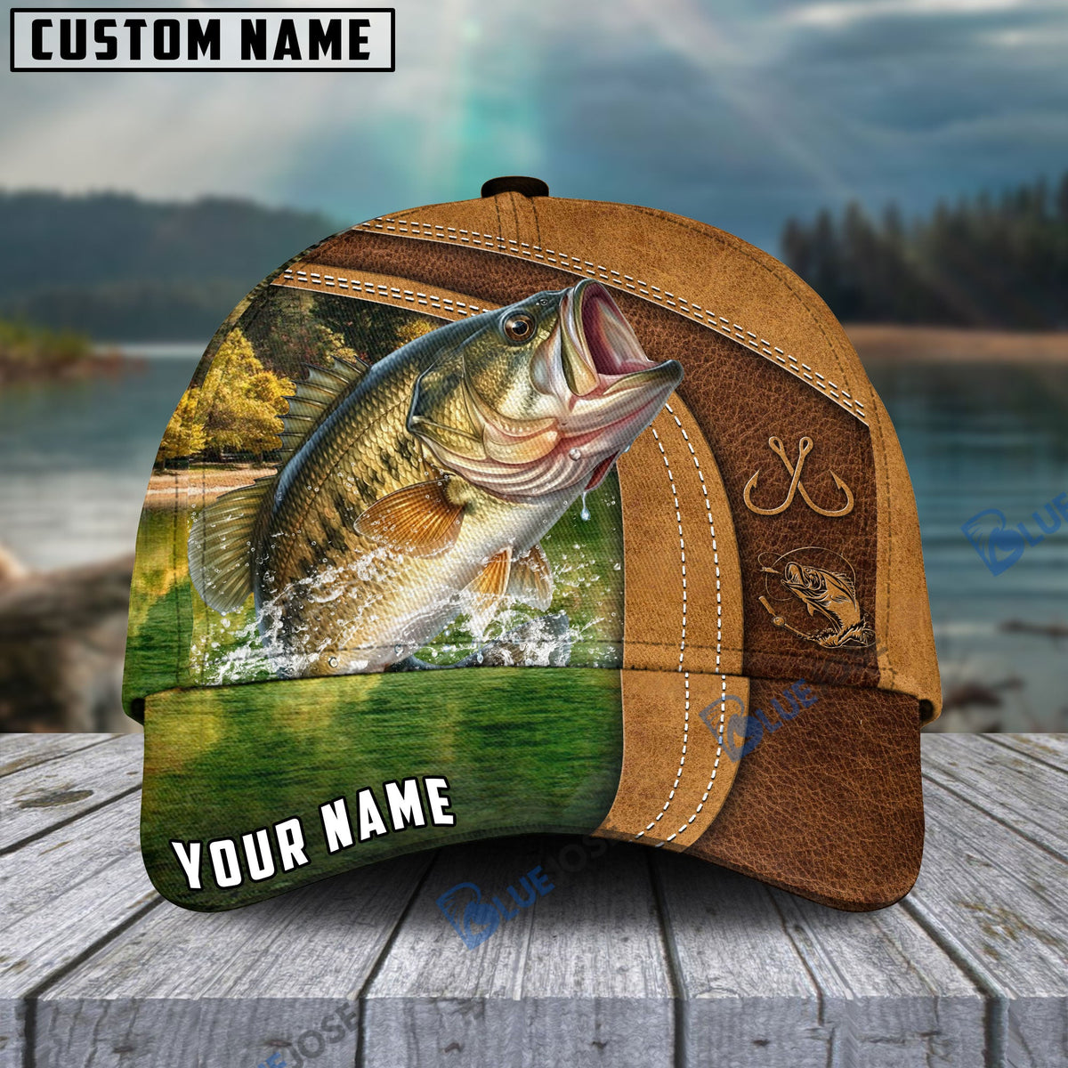 BlueJose Personalized Bass Fishing Leather Pattern Classic Cap