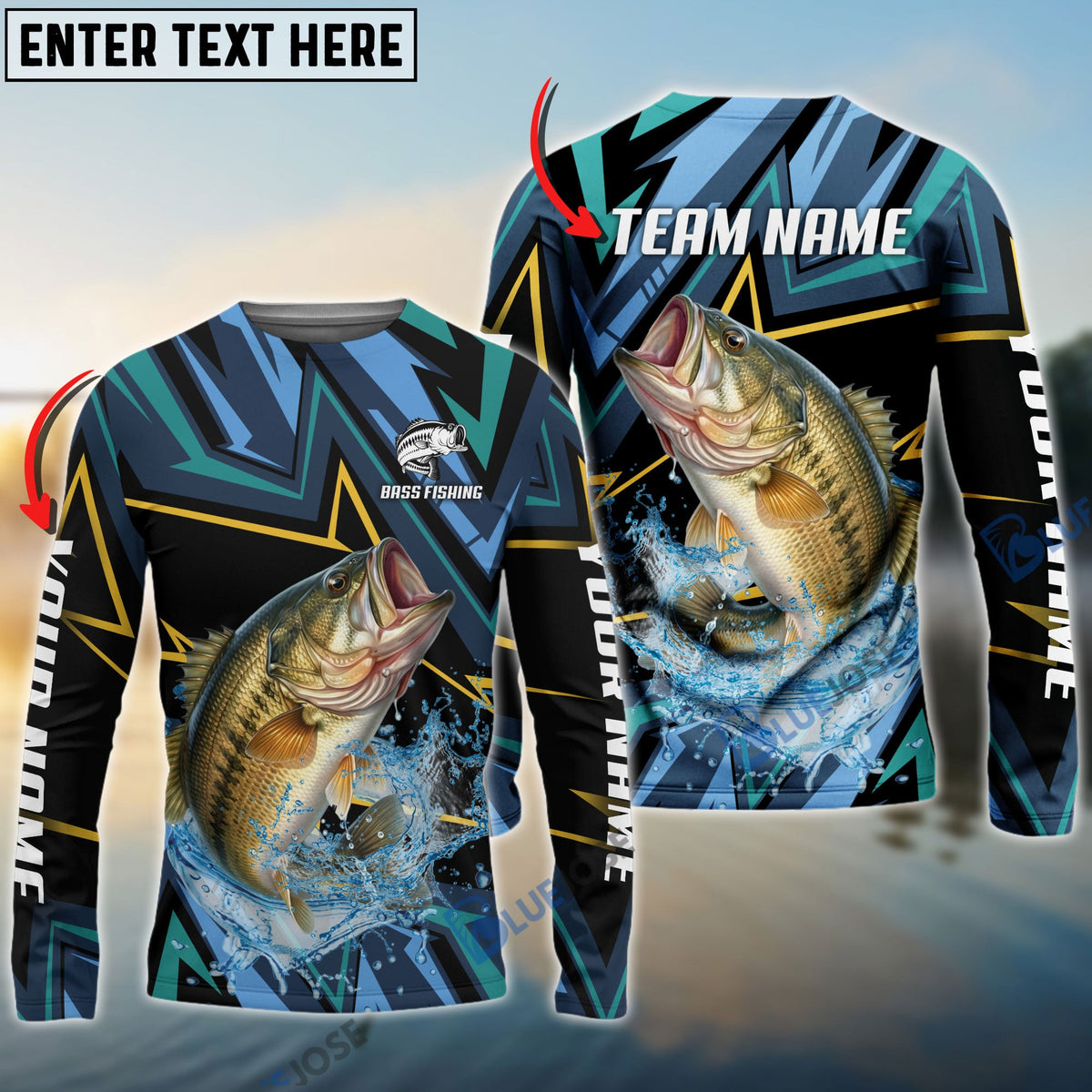 BlueJose Bass Fishing Lightning Pattern Sport Custom Name & Team Name 3D Shirts