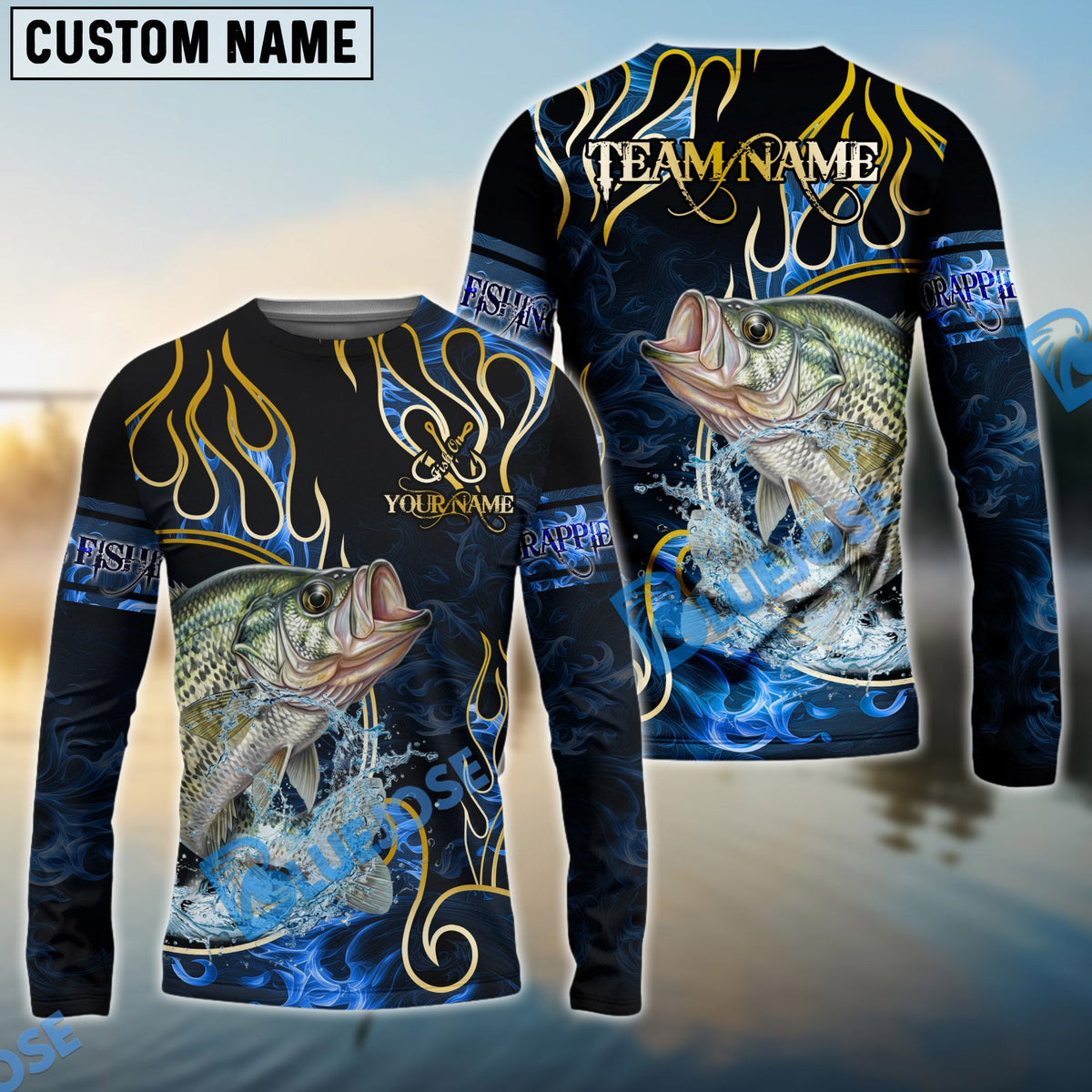 BlueJose Crappie Fishing Flame Dark Blue Luxury Pattern Custom Name & Team Name 3D Shirts