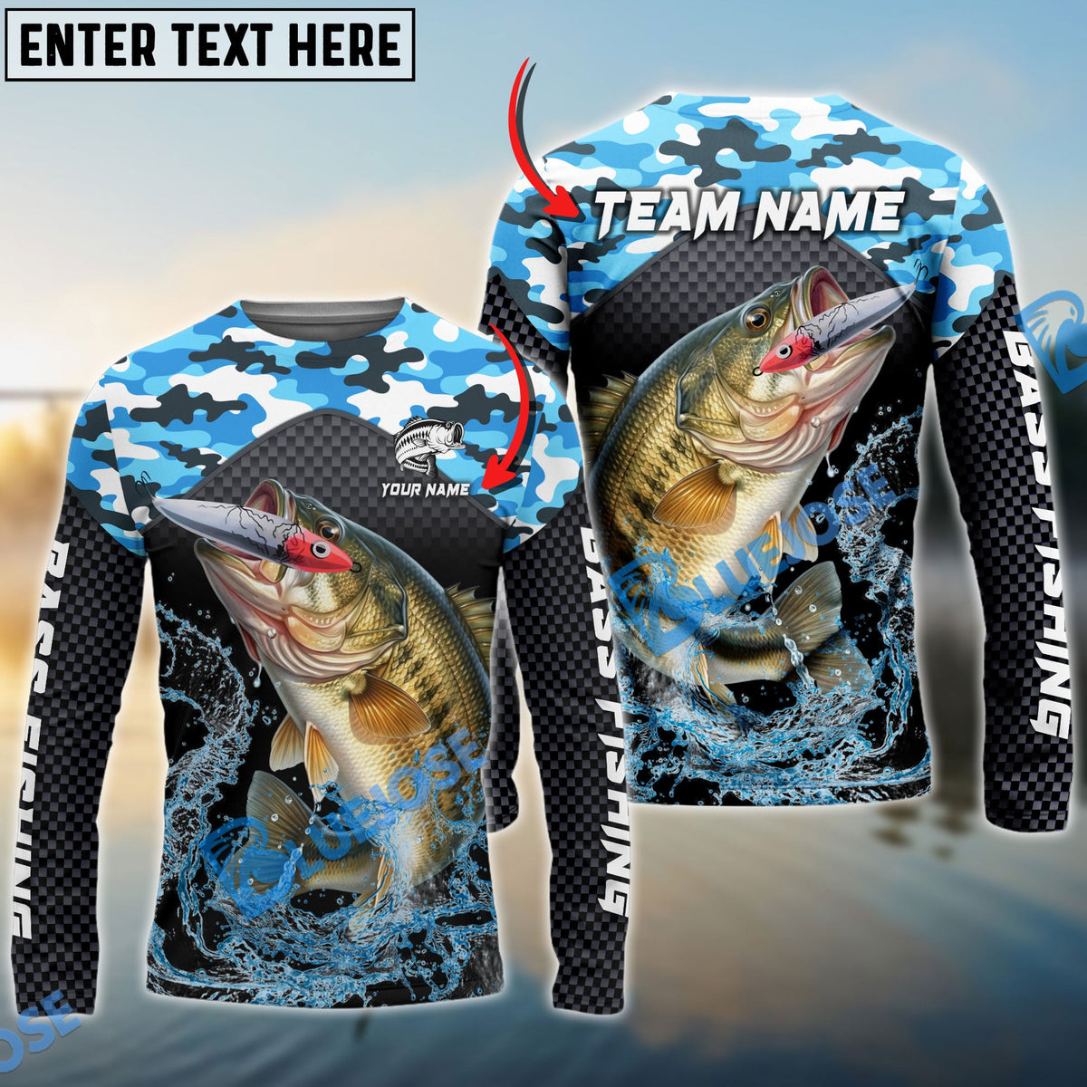 BlueJose Bass Fishing Blue Camo Sport Custom Name & Team Name 3D Shirts