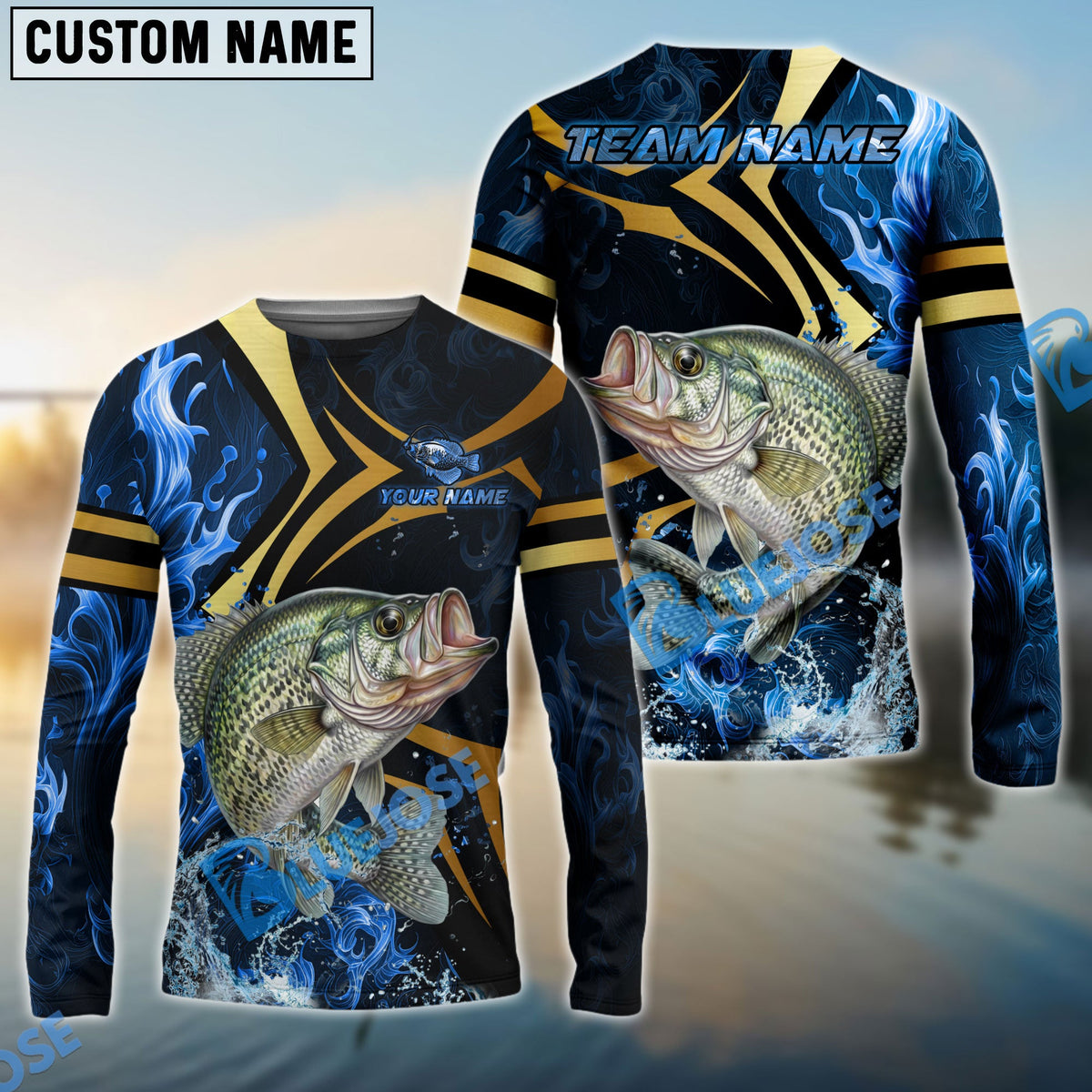 BlueJose Crappie Fishing Blue Ocean Wave & Gold Geometric Custom Name & Team Name 3D Shirts