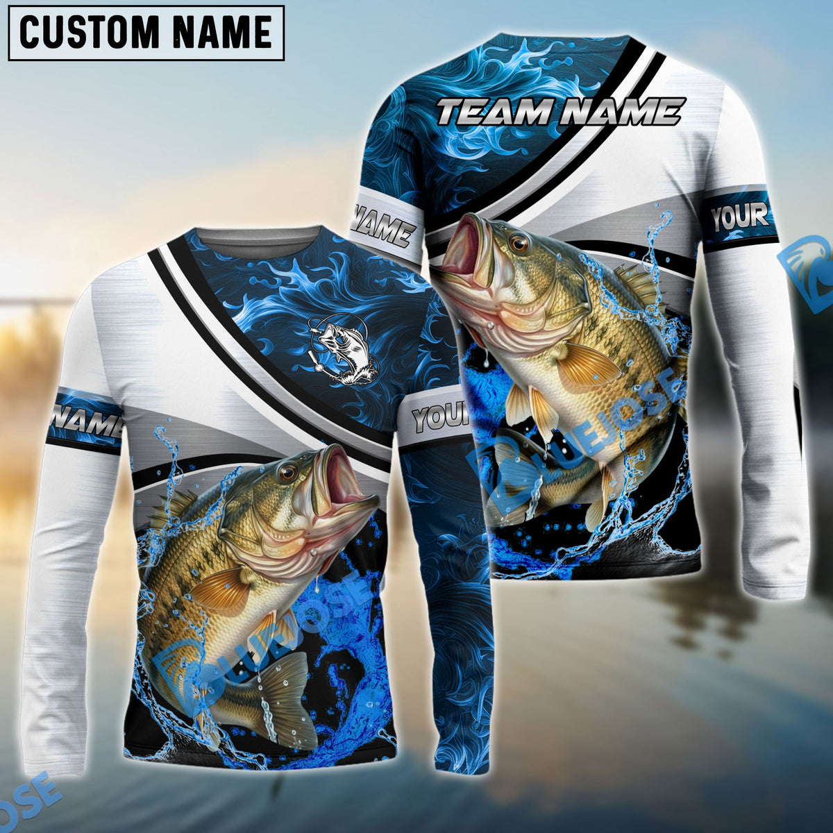 BlueJose Bass Fishing Grey Diagonal Stripe & Blue Flame Water Splash Custom Name & Team Name 3D Shirts