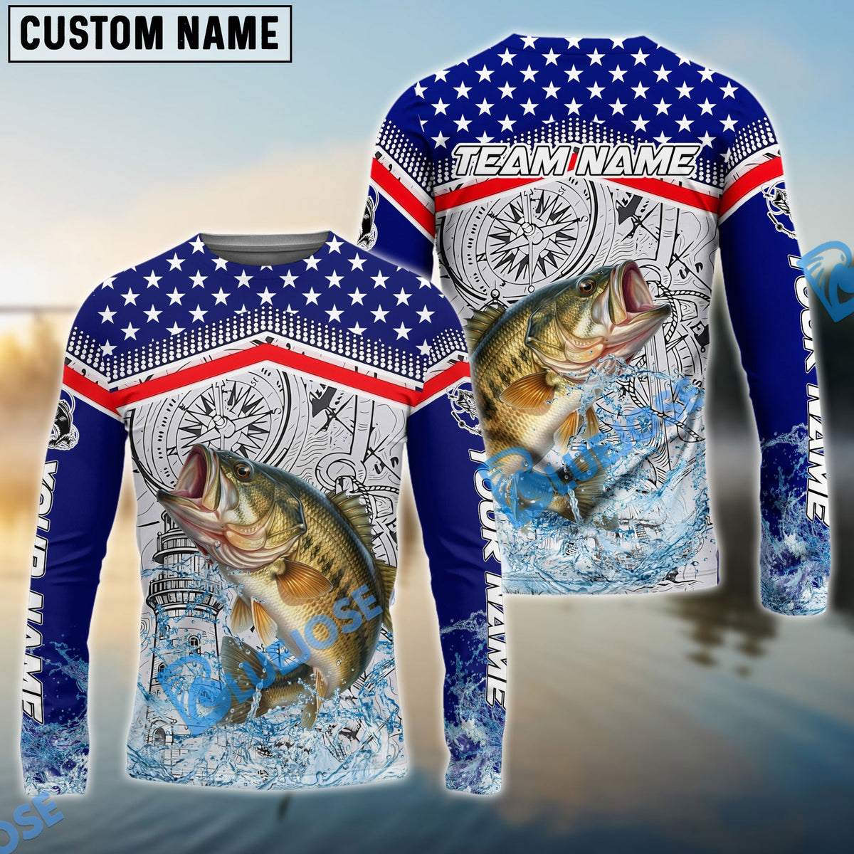 BlueJose Bass Fishing American Anchor Compass Lighthouse Graphic Custom Name & Team Name 3D Shirts