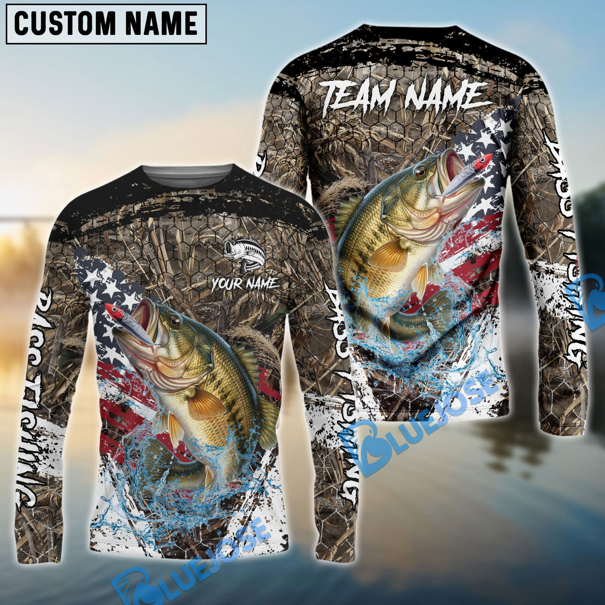 BlueJose Bass Fishing American Flag Scratch Grass Camo Custom Name & Team Name 3D Shirts