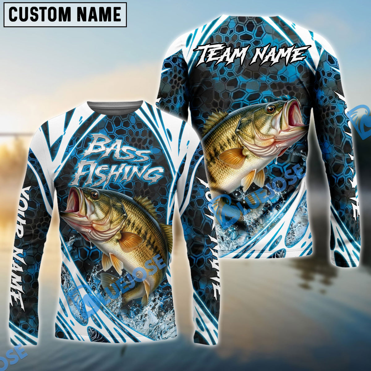 BlueJose Bass Fishing Modern Hexagon Water Splash Custom Name & Team Name 3D Shirts