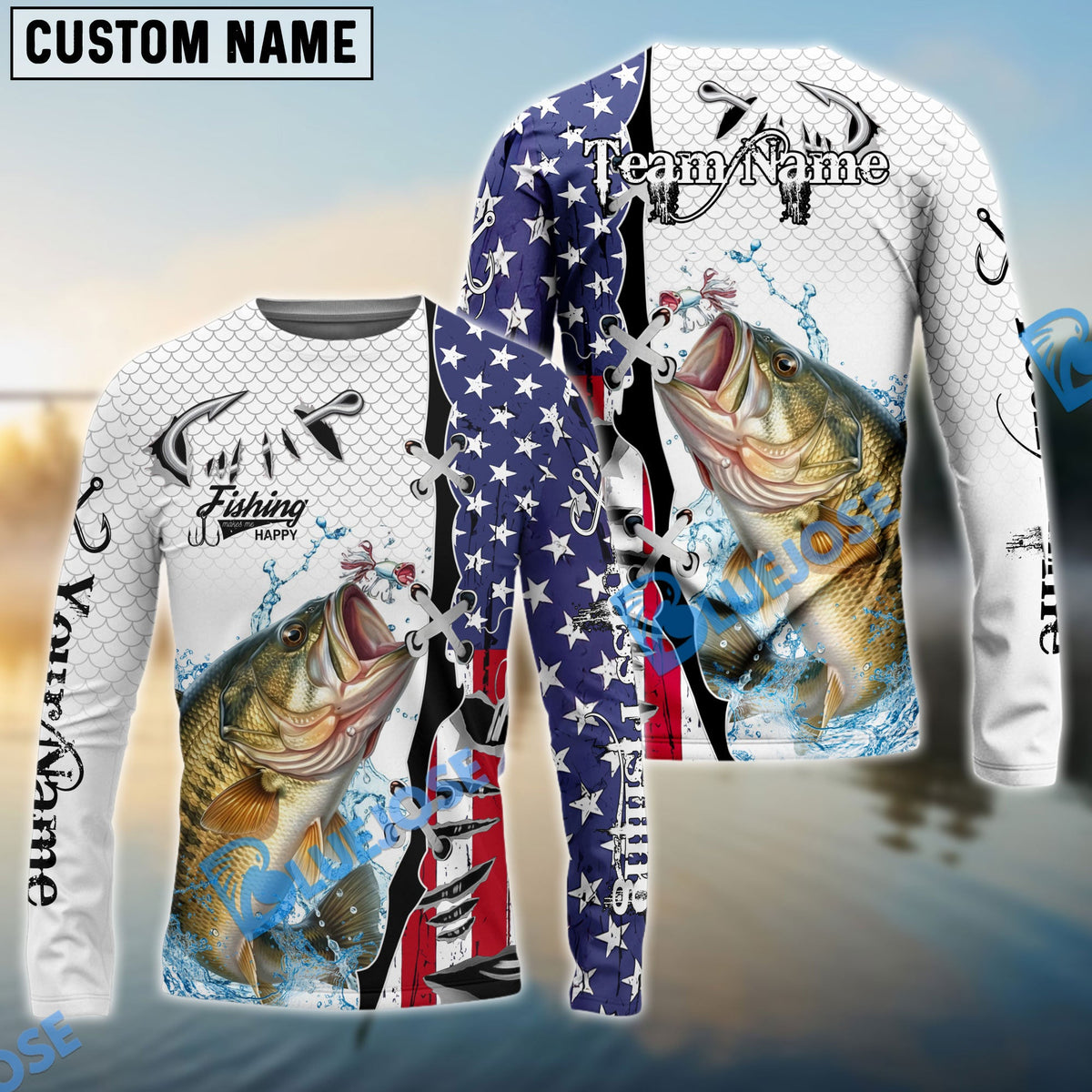 BlueJose Bass Fishing American Flag Splash Custom Name & Team Name 3D Shirts