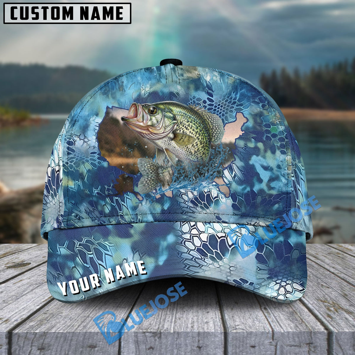 BlueJose Crappie Fishing US Map Fish Skin Pattern Personalized Cap