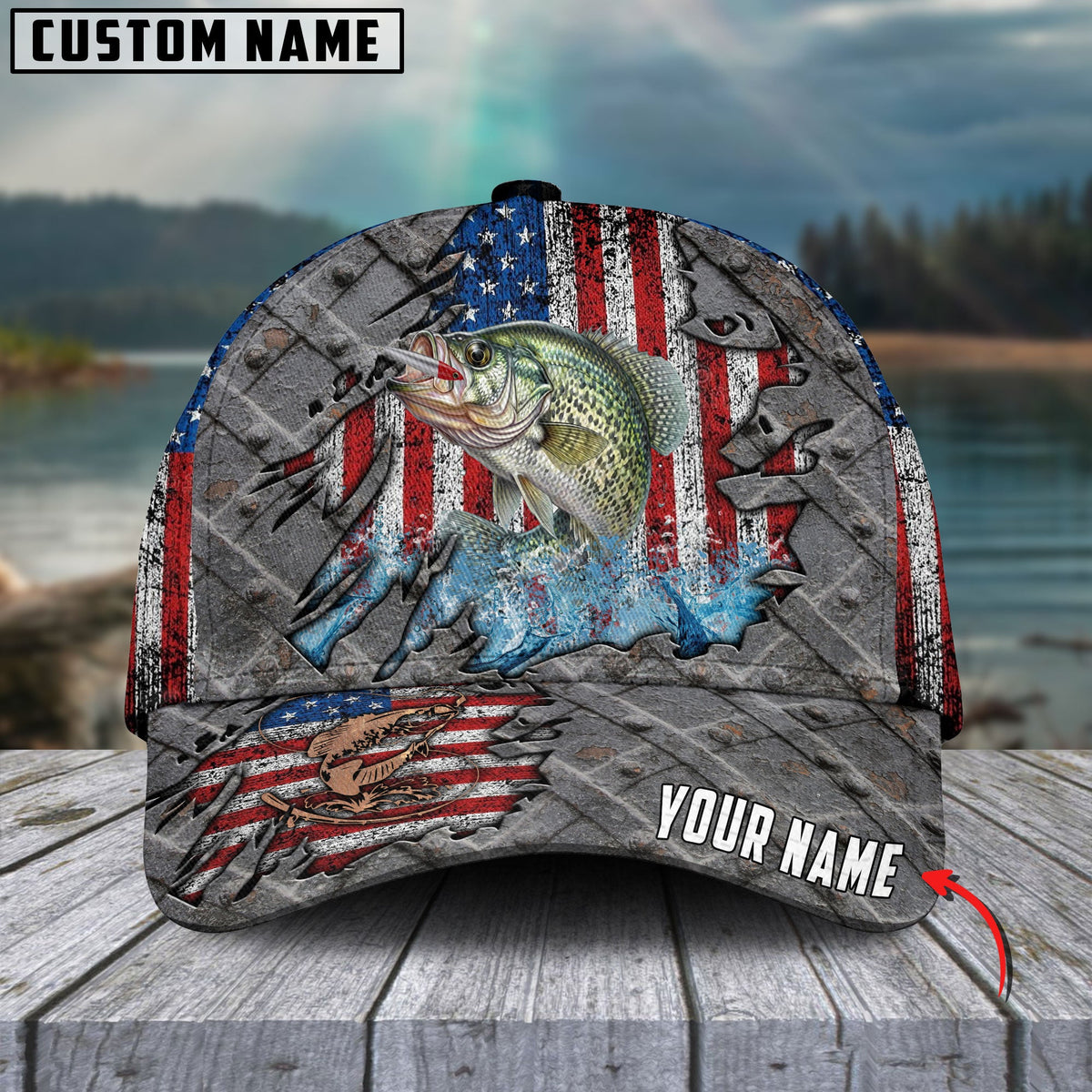 BlueJose Crappie Fishing US Flag Personalized Cap