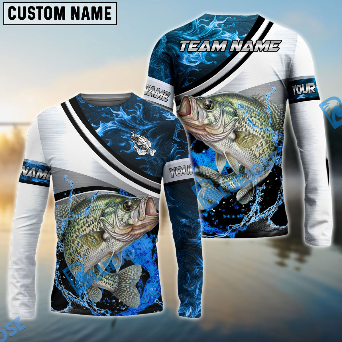 BlueJose Crappie Fishing Grey Diagonal Stripe & Blue Flame Water Splash Custom Name & Team Name 3D Shirts